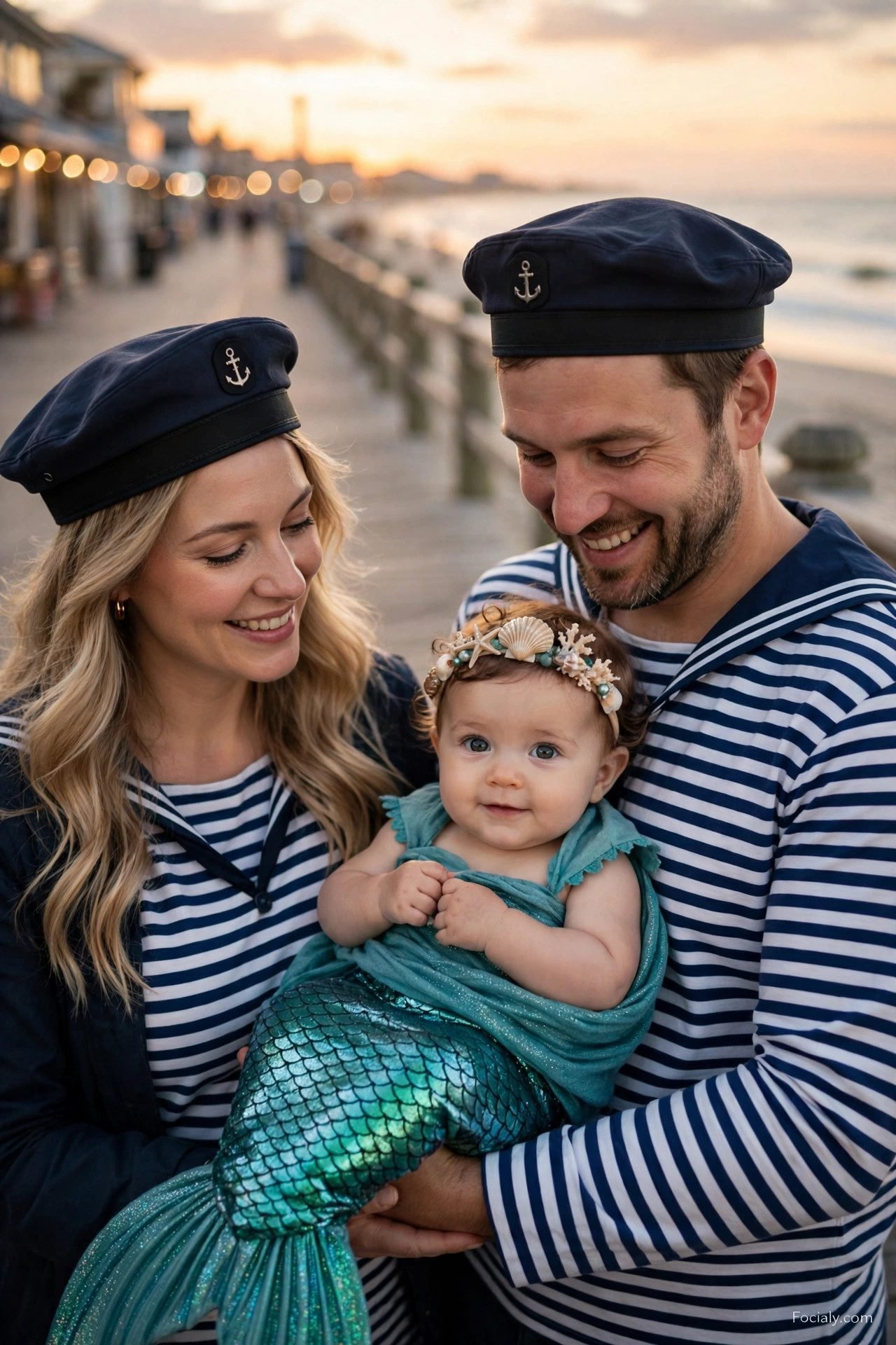 Sailor parents with baby dressed as a mermaid - parents and baby Halloween costume idea