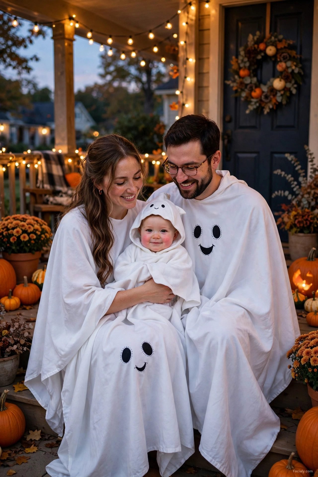 Parents as ghosts with baby ghost - parents and baby Halloween costume idea