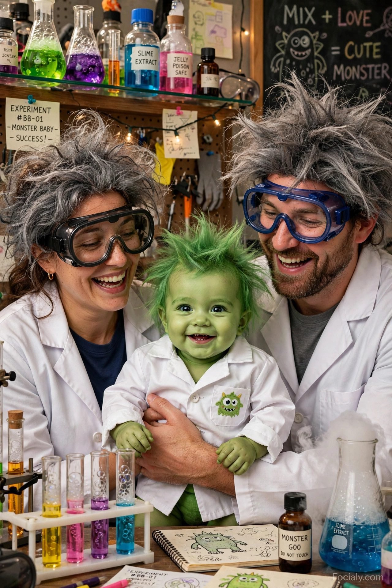 Mad scientist parents with baby as a cute monster - parents and baby Halloween costume idea