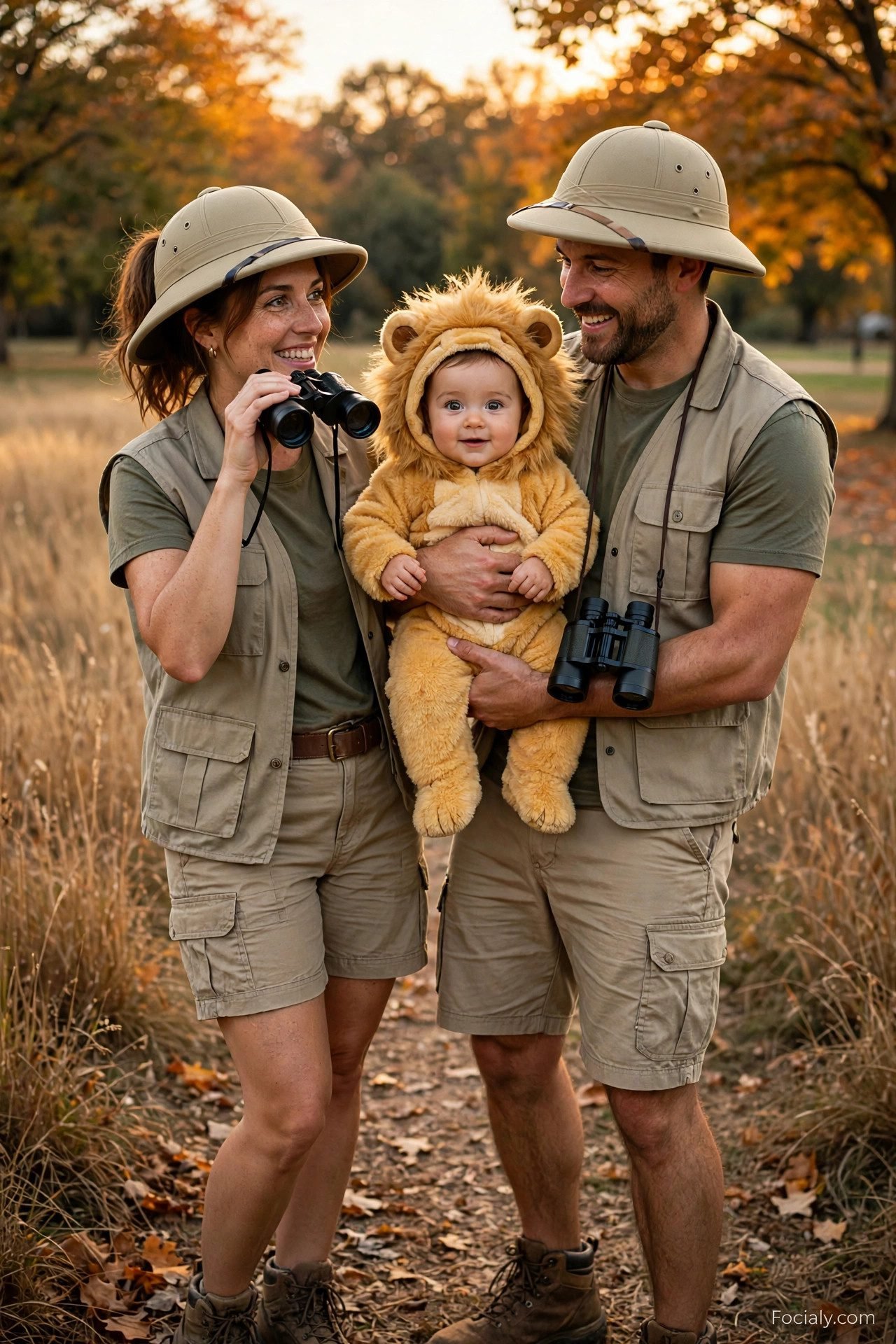 Safari explorer parents with baby dressed as a lion cub - parents and baby Halloween costume idea