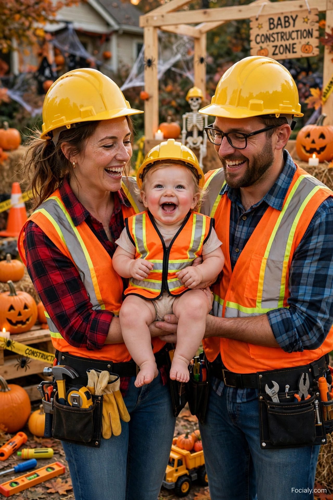 Construction worker parents with baby in a tiny hard hat - parents and baby Halloween costume idea