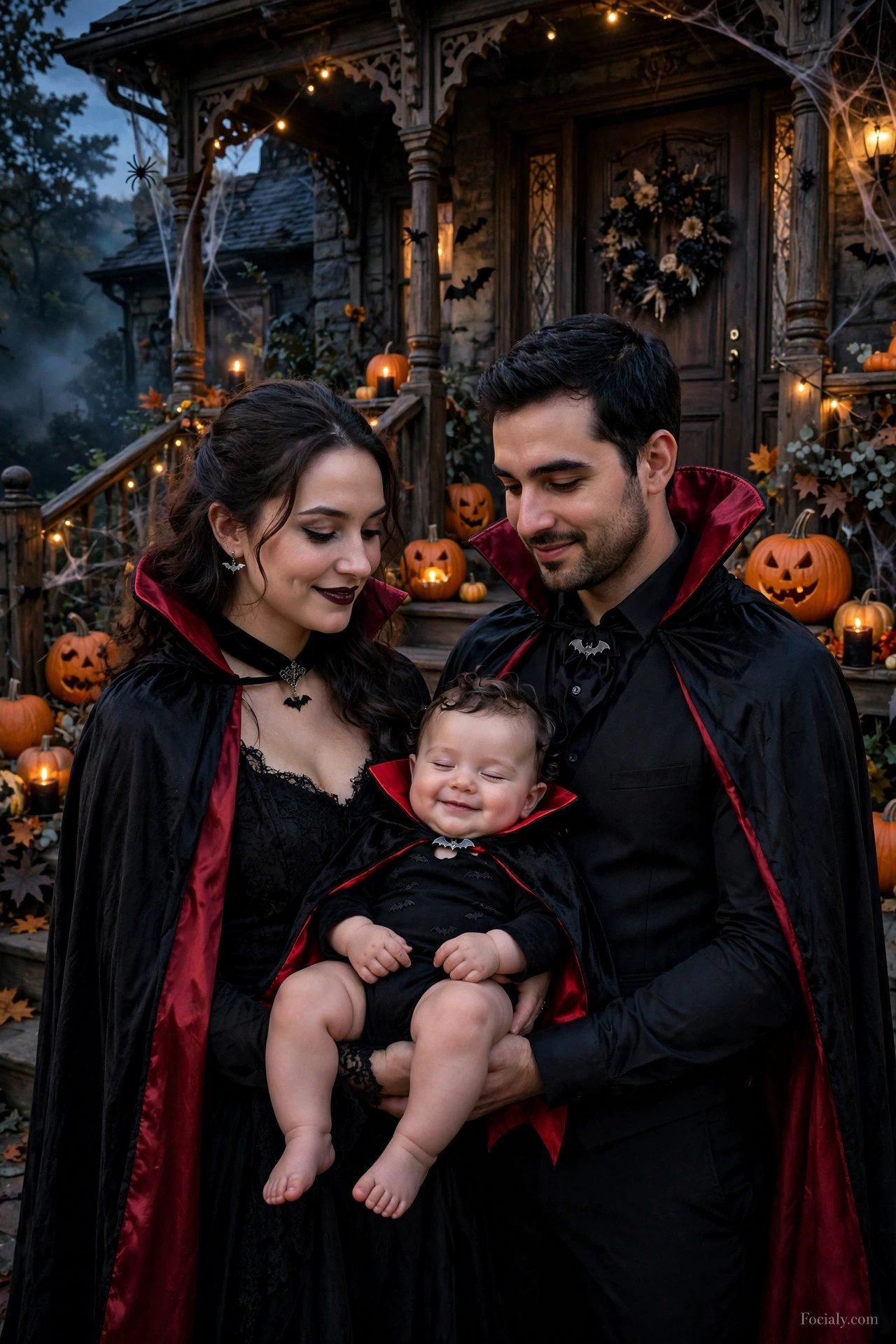 Vampire parents with baby vampire in a cape - parents and baby Halloween costume idea