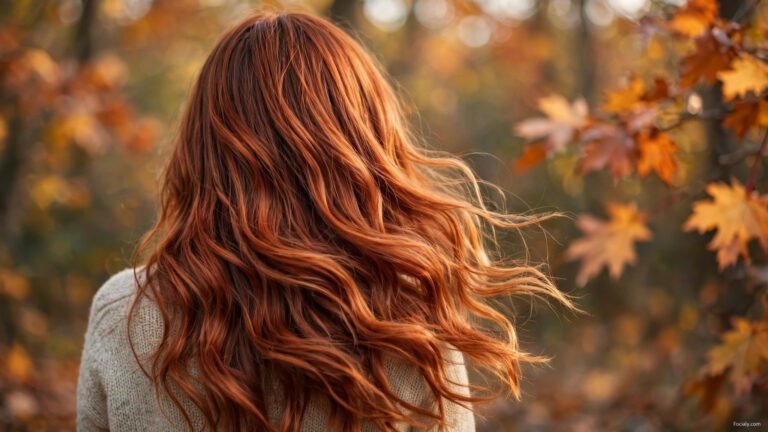 Woman with flowing copper-red fall hair among autumn leaves