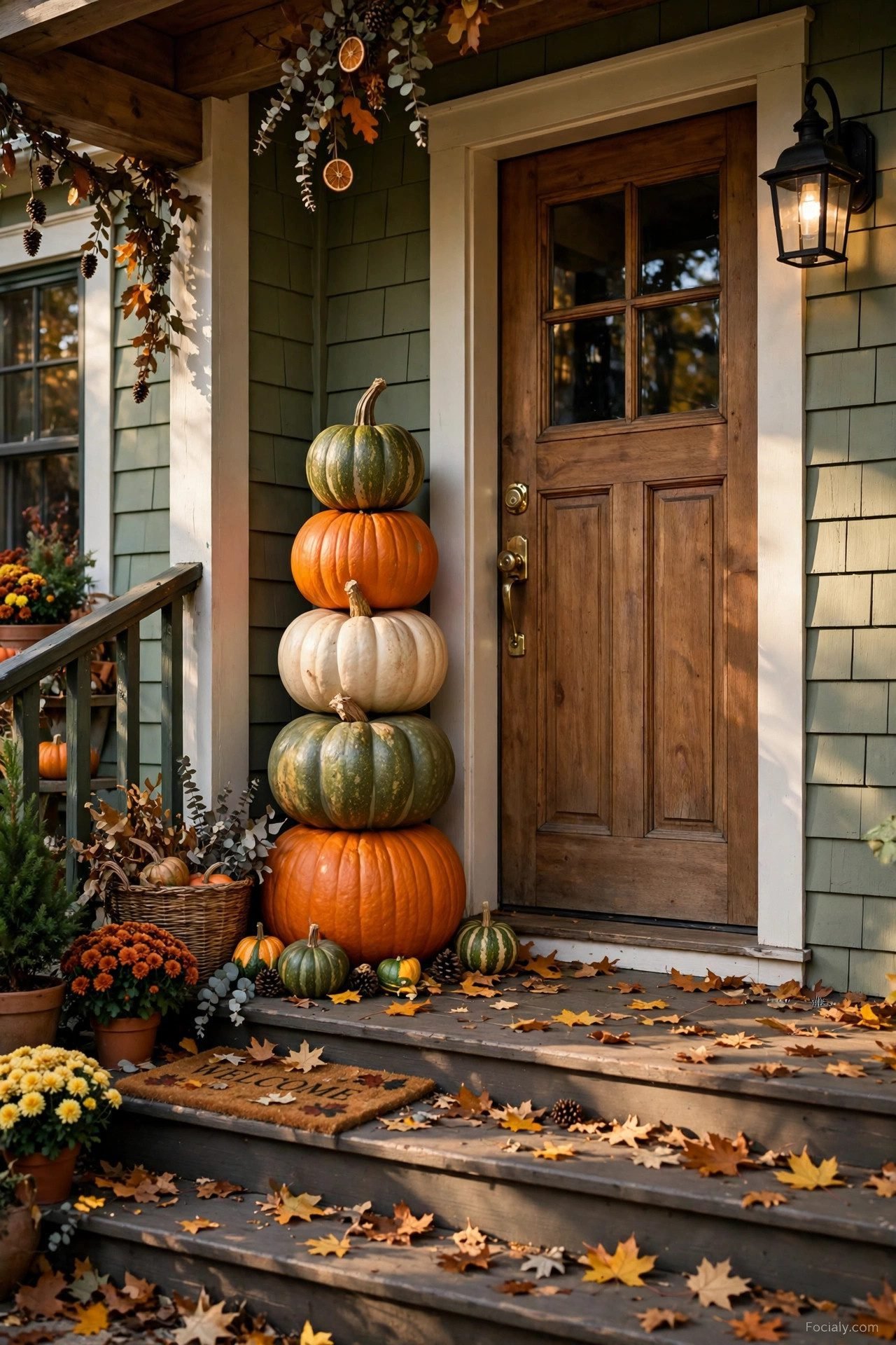 Stacked pumpkin tower in orange, cream and green beside a wooden front door