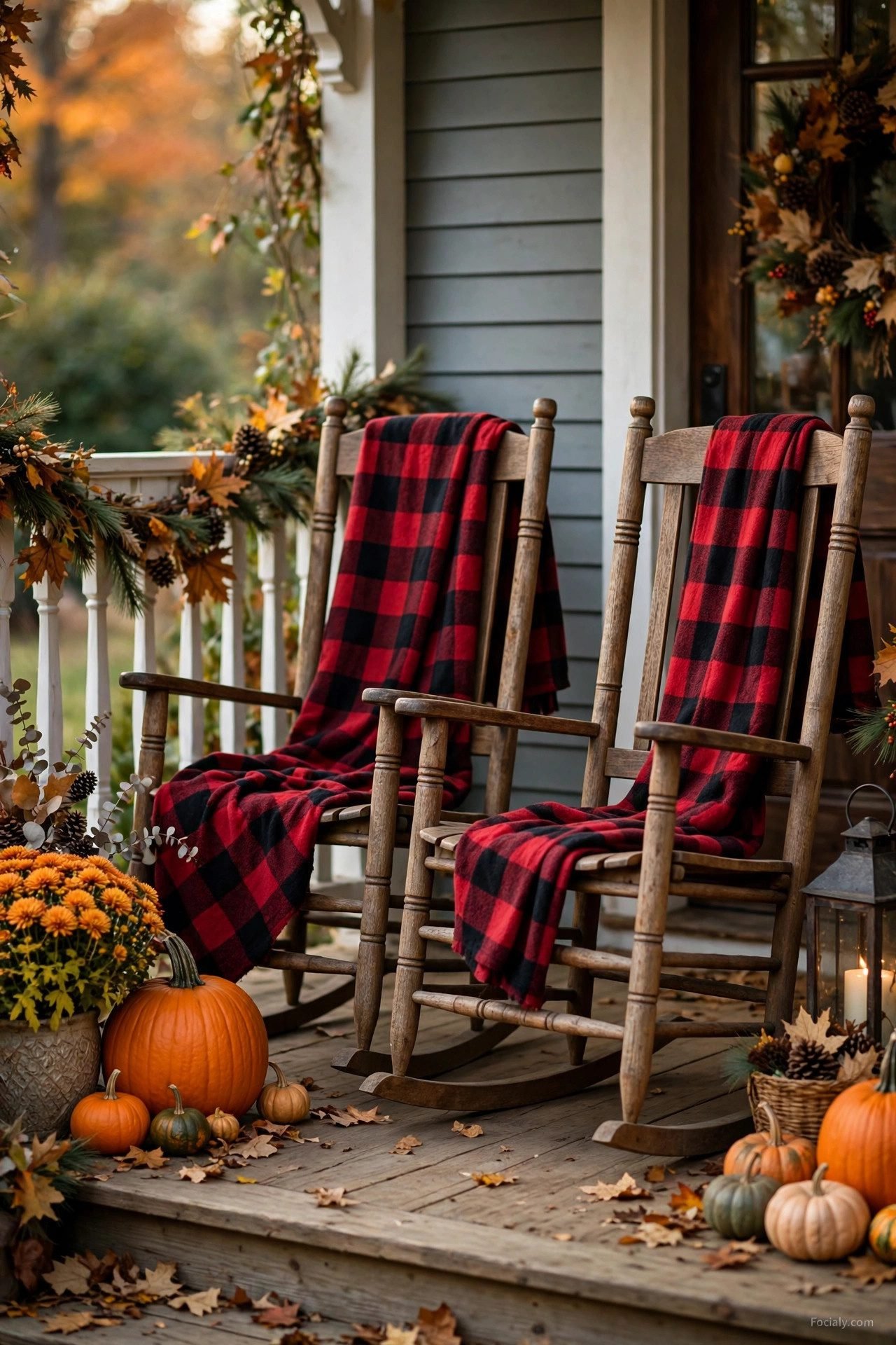 Wooden rocking chairs on a porch draped with red and black plaid blankets