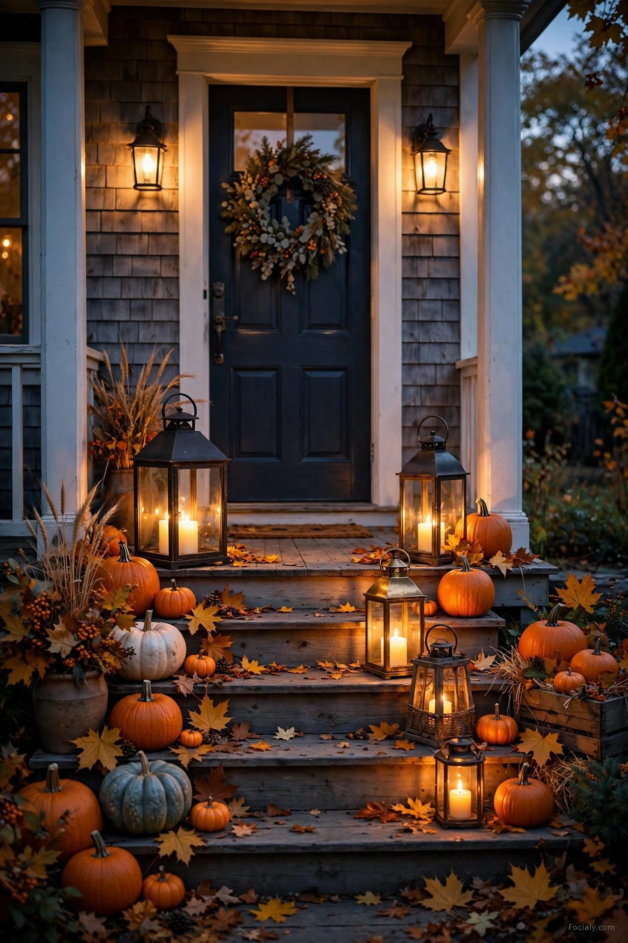 Front porch steps at dusk glowing with lit lanterns among pumpkins