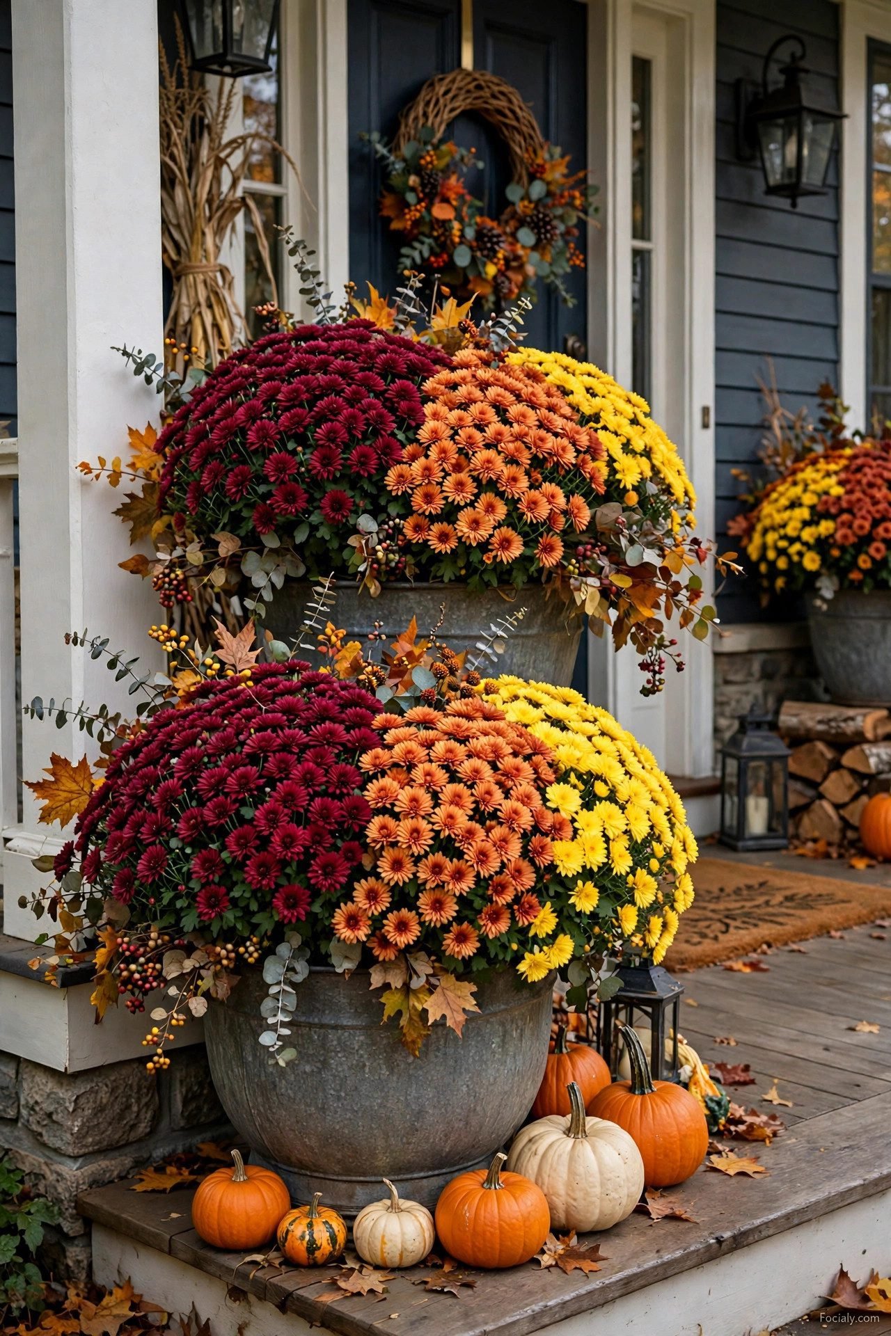 Large planters overflowing with burgundy, orange and yellow fall mums