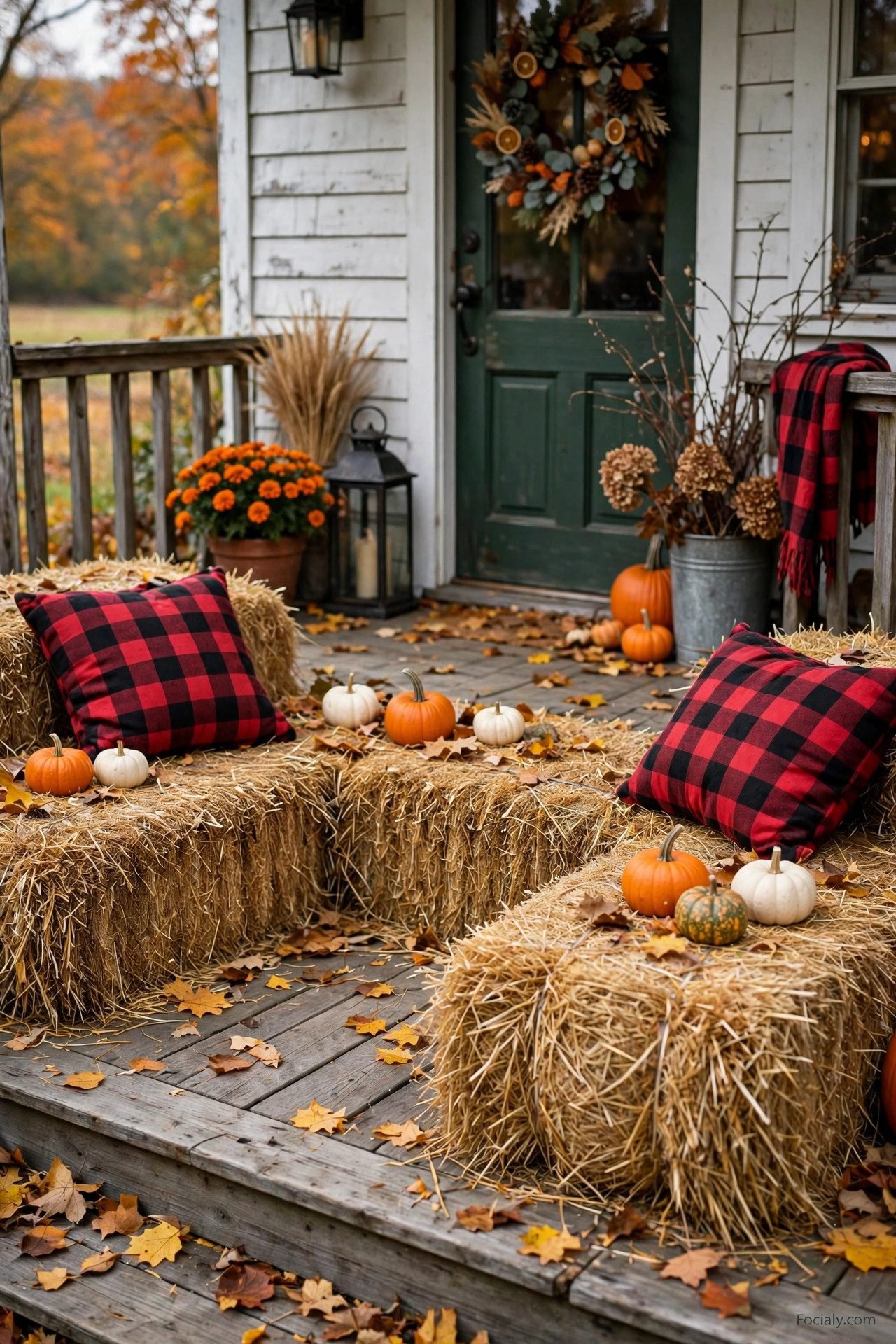 Hay bales arranged as rustic porch seating with plaid cushions and pumpkins
