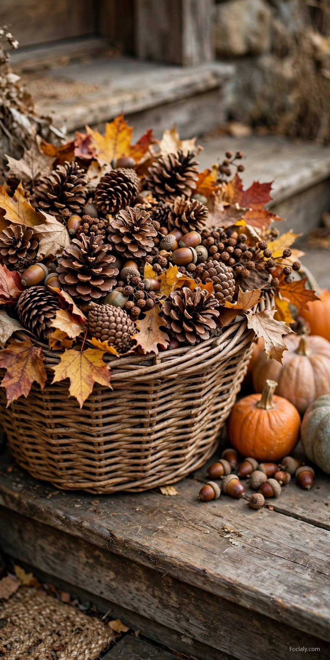 Woven basket of pinecones, acorns and dried leaves on a porch step