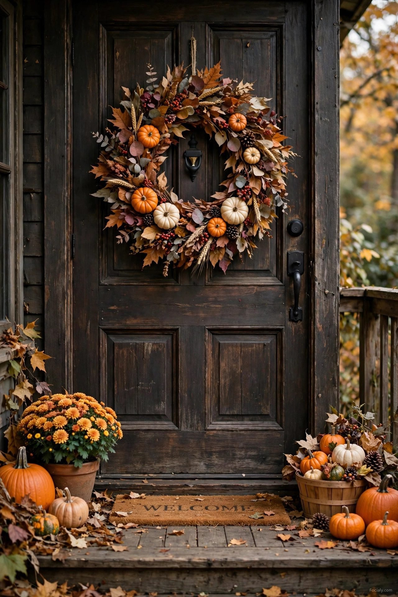 Fall wreath with dried leaves, mini pumpkins and berries on a wooden front door