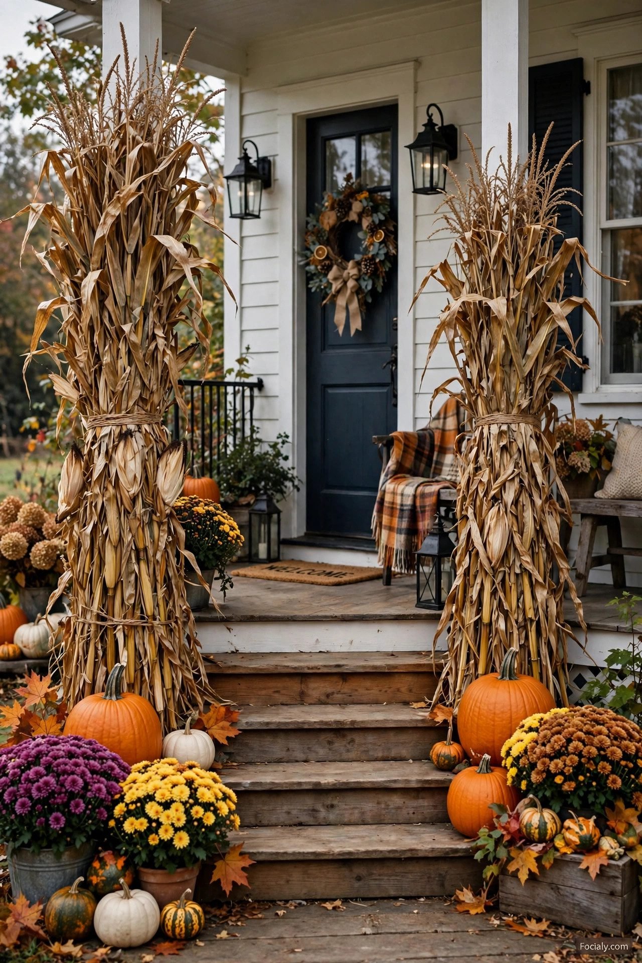 Dried cornstalk bundles tied with twine flanking front porch steps