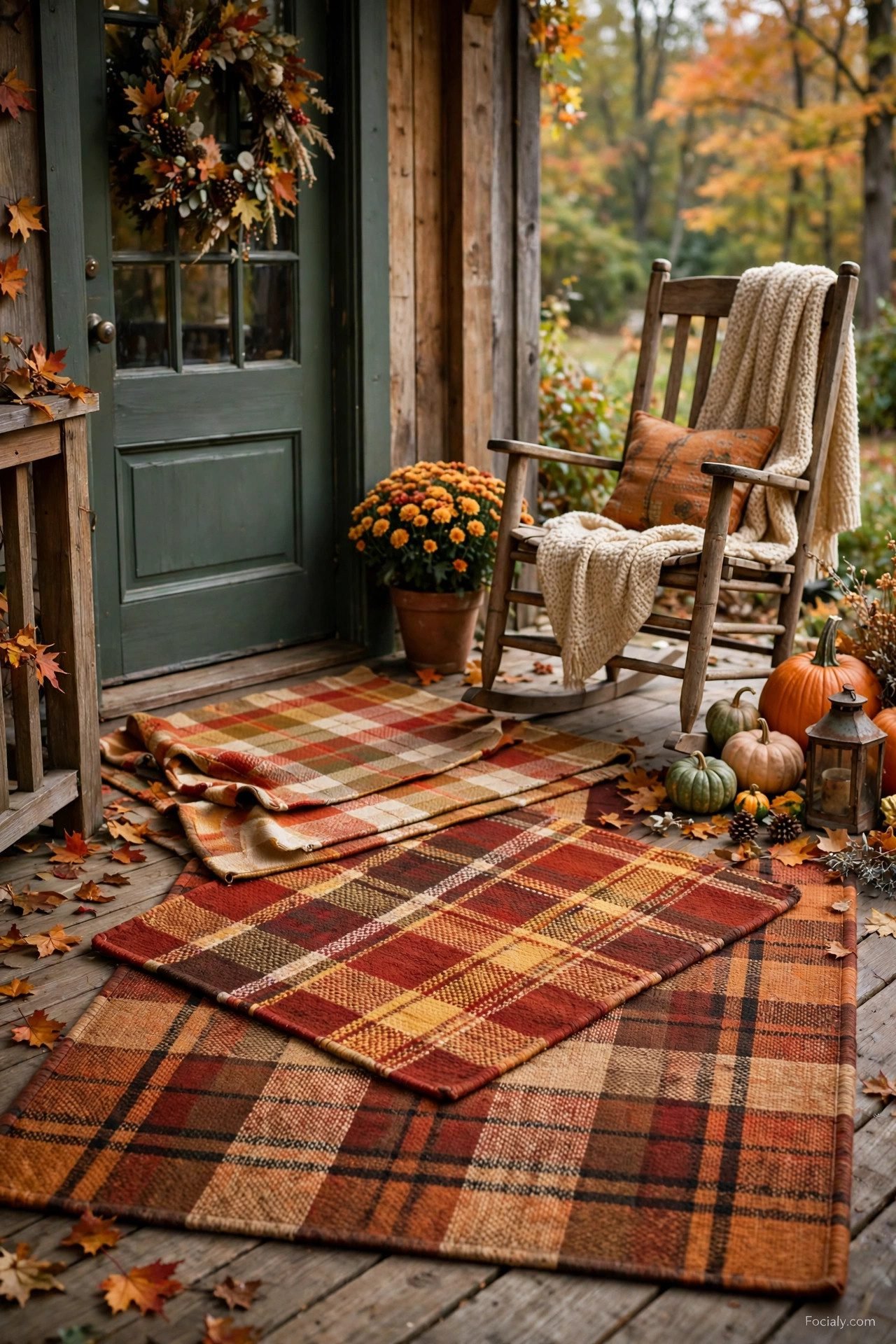 Layered outdoor rugs in warm fall patterns on a front porch