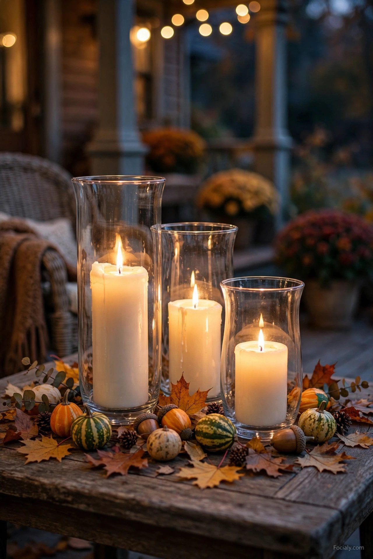 Hurricane vases with candles clustered on a fall porch table