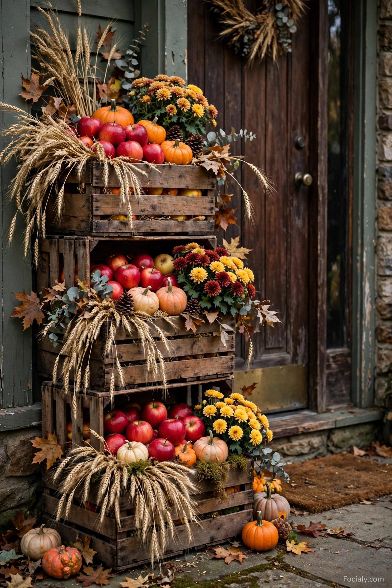 Wooden apple crates stacked with apples and pumpkins on a porch