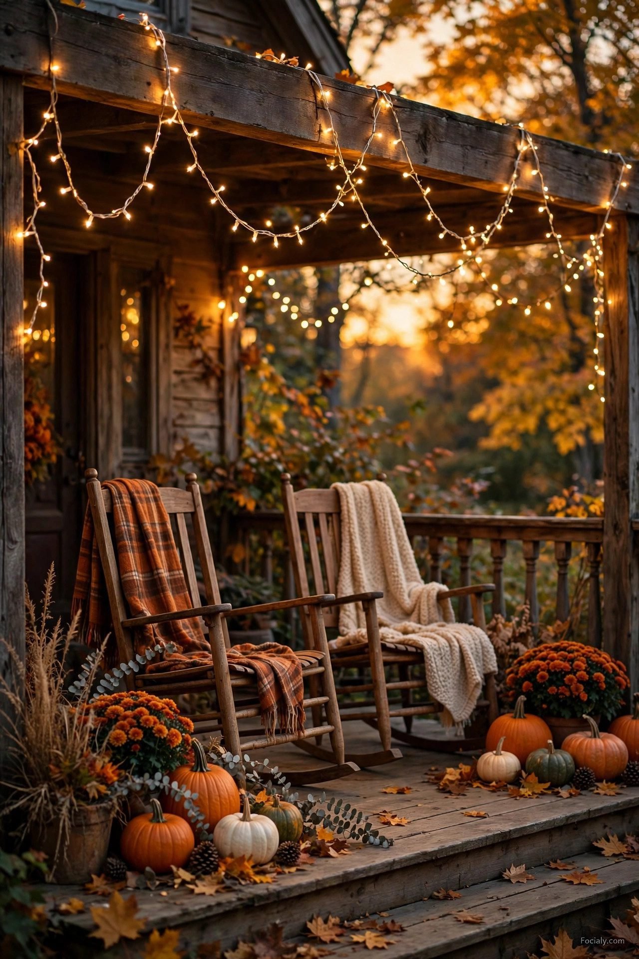 Warm string lights draped across a porch beam above fall decor