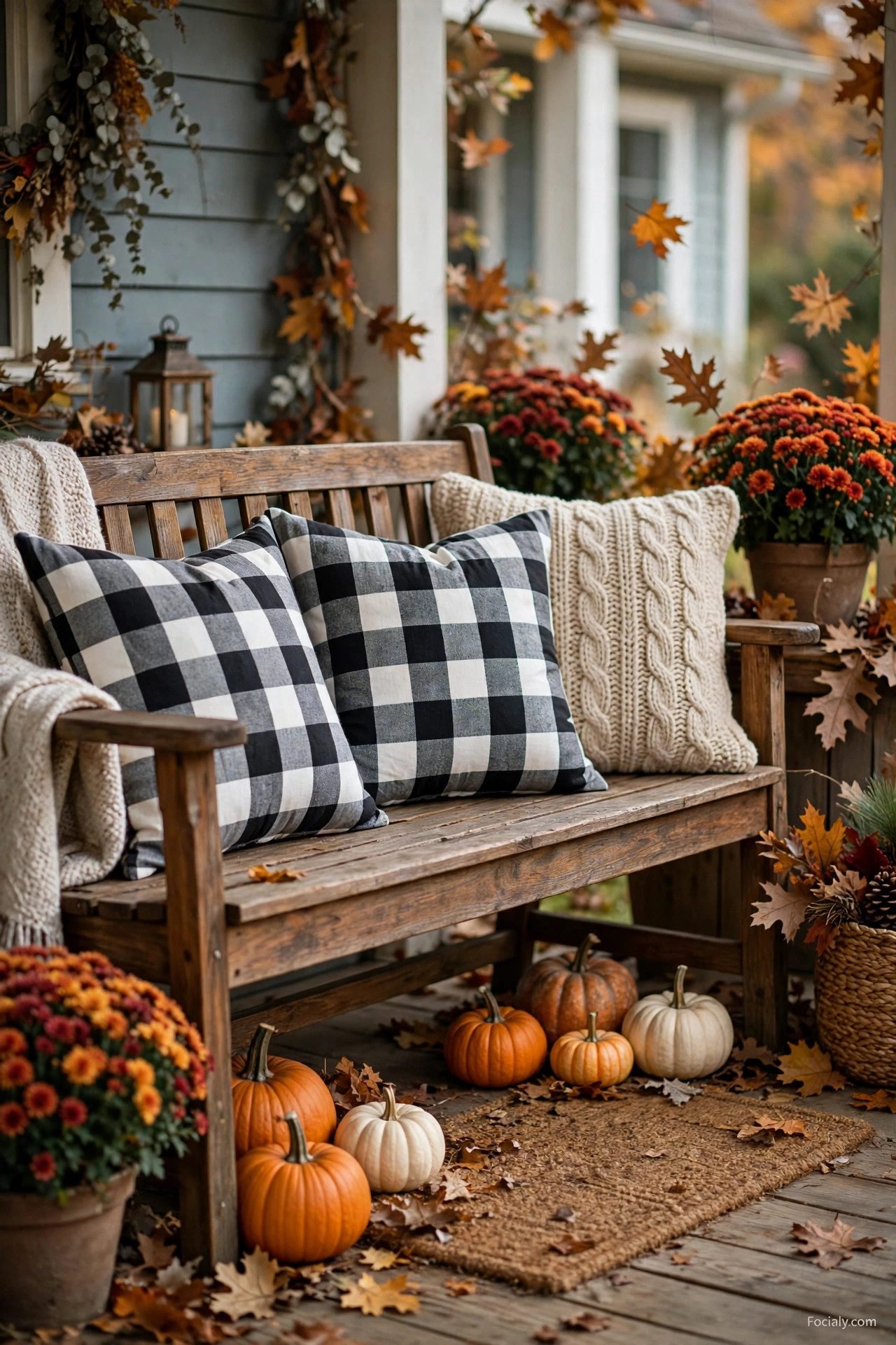 Porch bench styled with buffalo check pillows in black and white