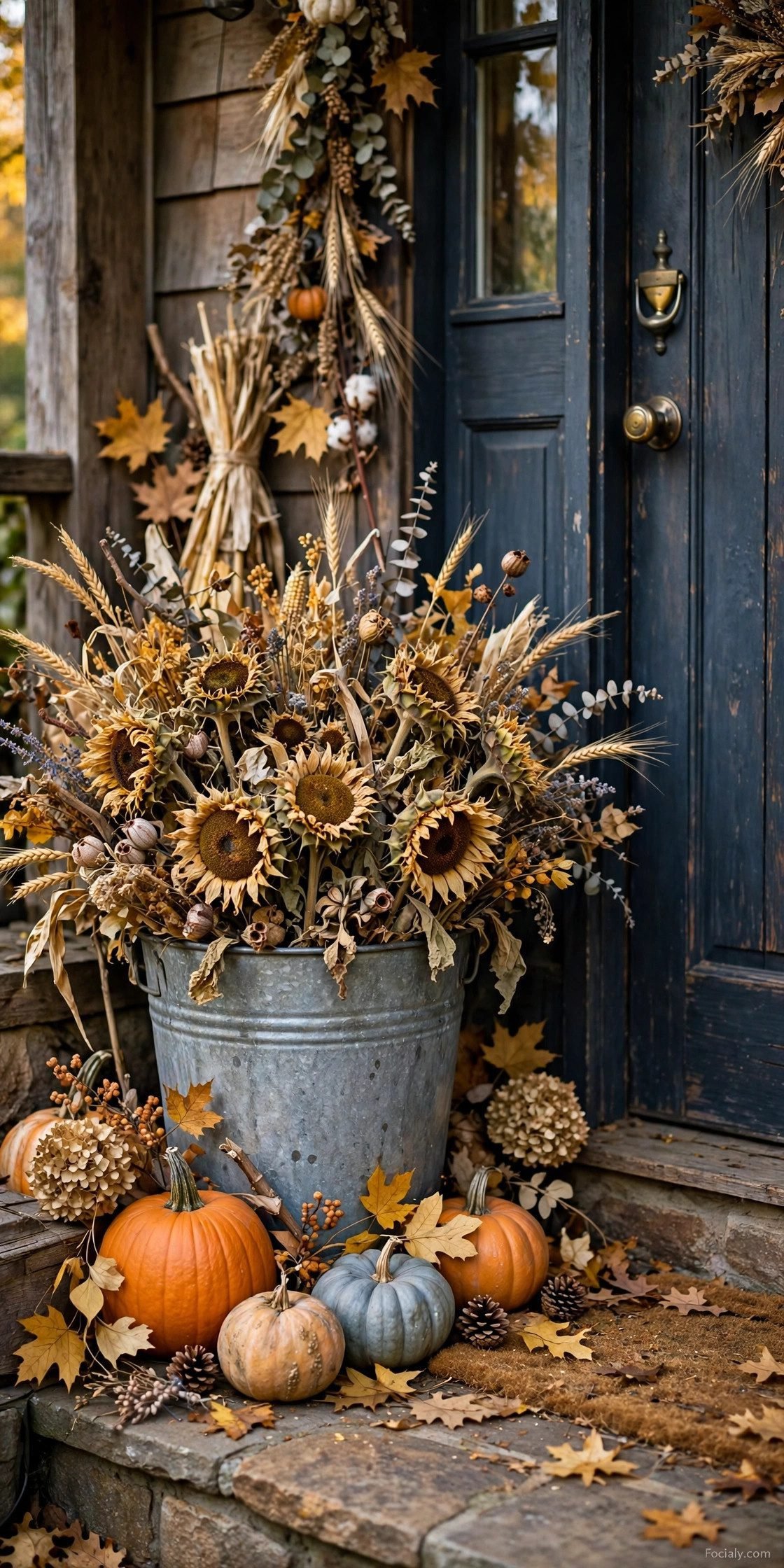 Galvanized metal bucket filled with dried sunflowers on a porch