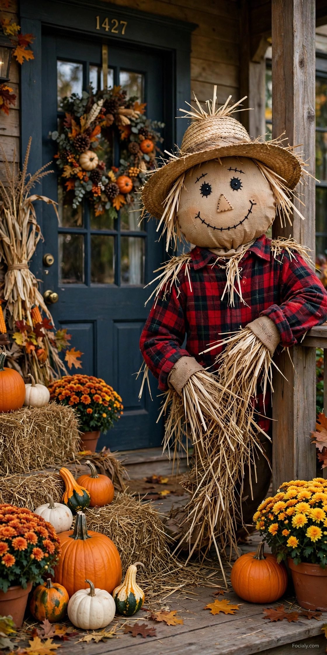Friendly scarecrow figure welcoming guests on a fall front porch