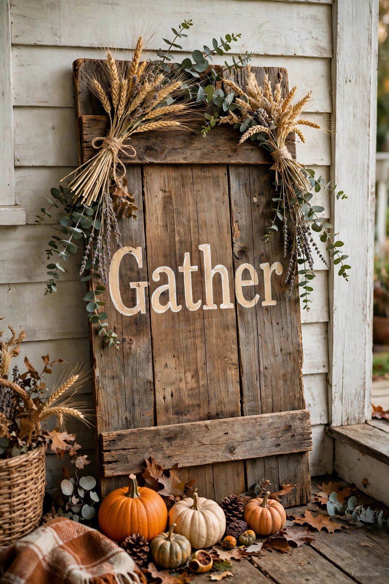 Rustic wooden gather sign decorated with fall leaves on a porch
