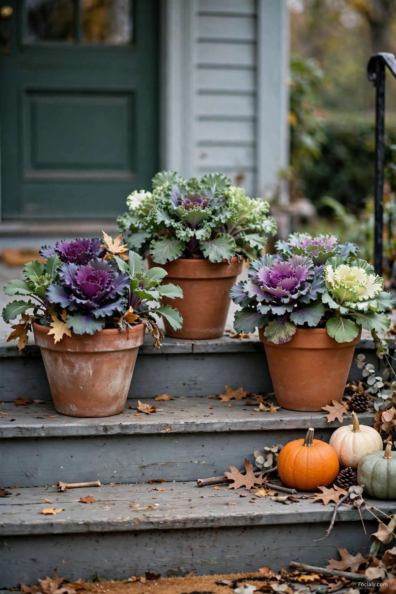 Pots of purple and green ornamental cabbage and kale on a porch