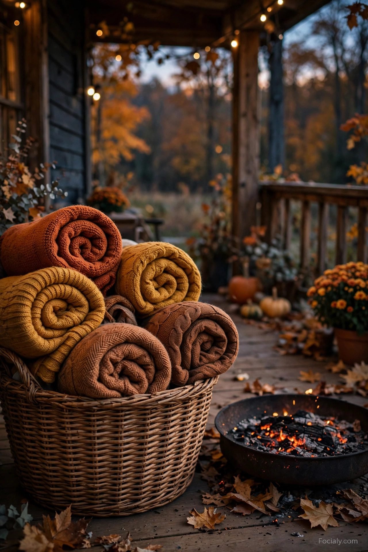 Basket of cozy blankets beside a small fire pit on a fall porch