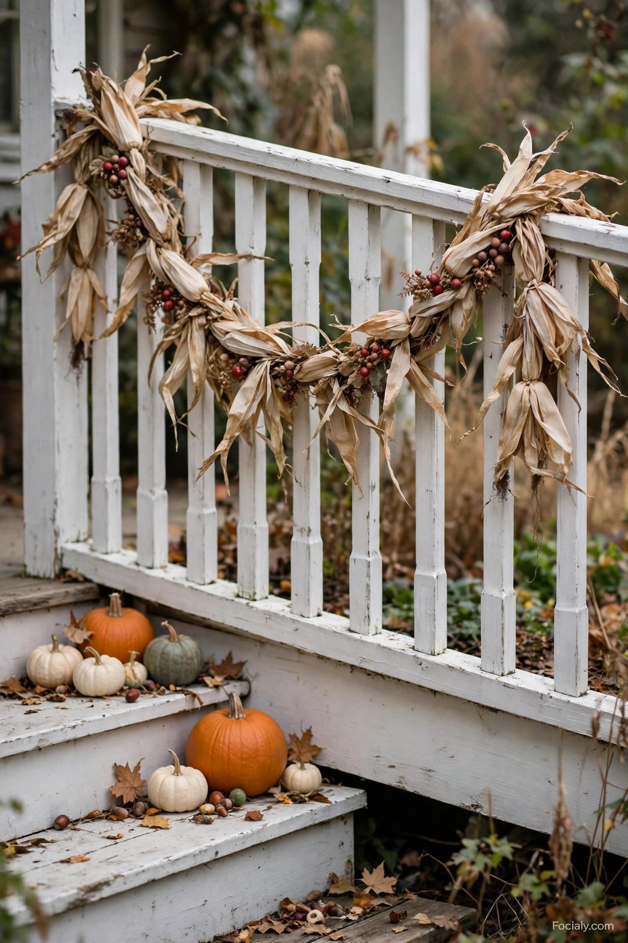 Dried corn husk garland draped along a porch railing
