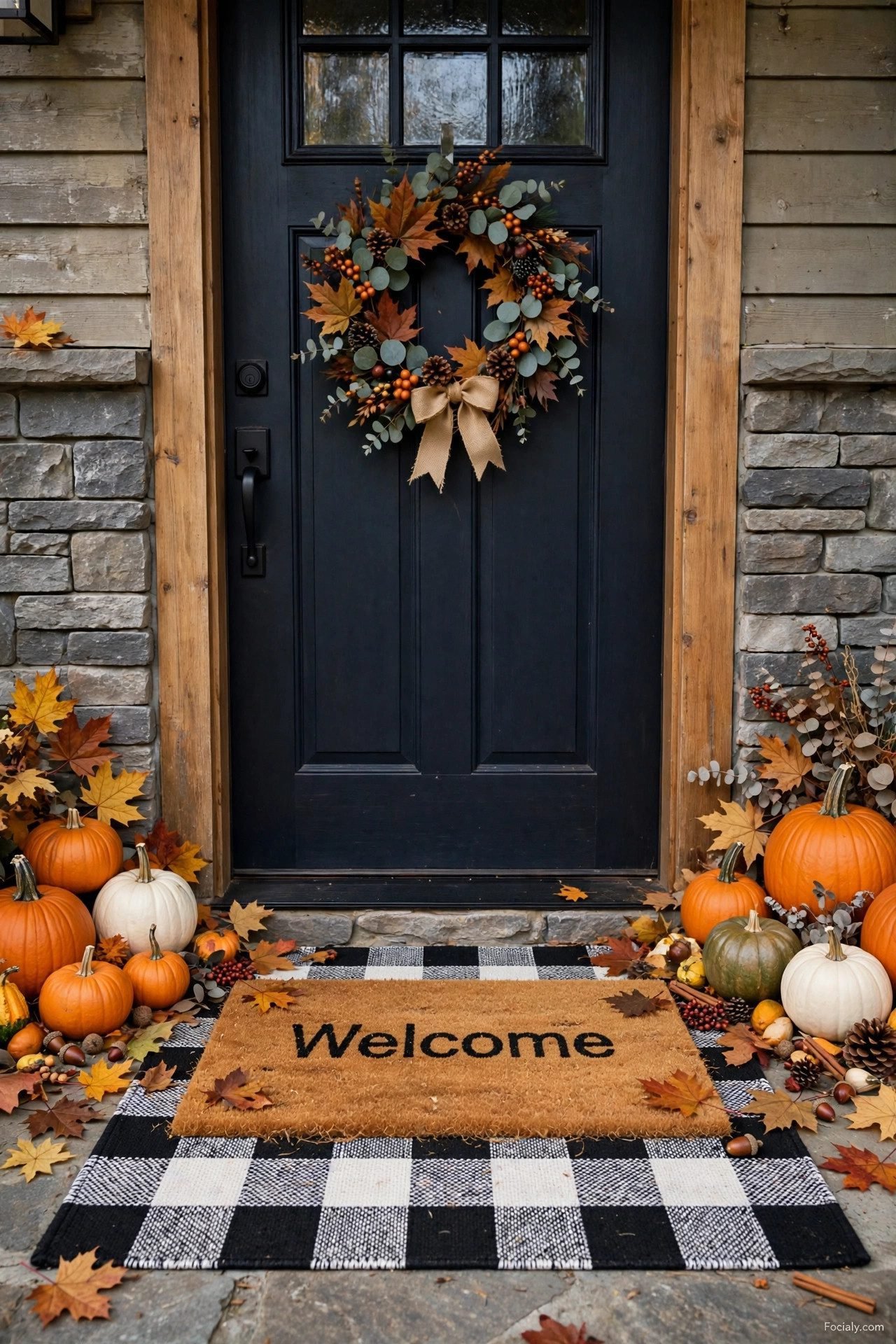 Layered fall doormats with a patterned rug under a coir welcome mat