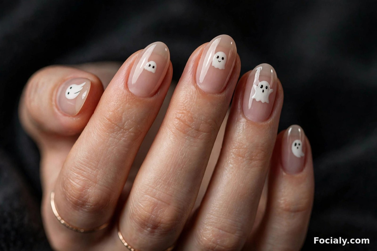 Tiny white ghost faces painted on sheer nude Halloween nails