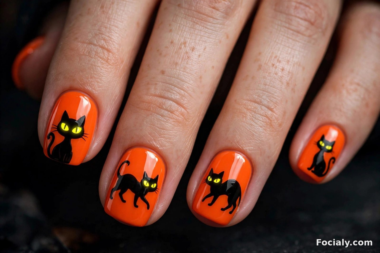 Black cat silhouettes with glowing eyes on orange Halloween nails