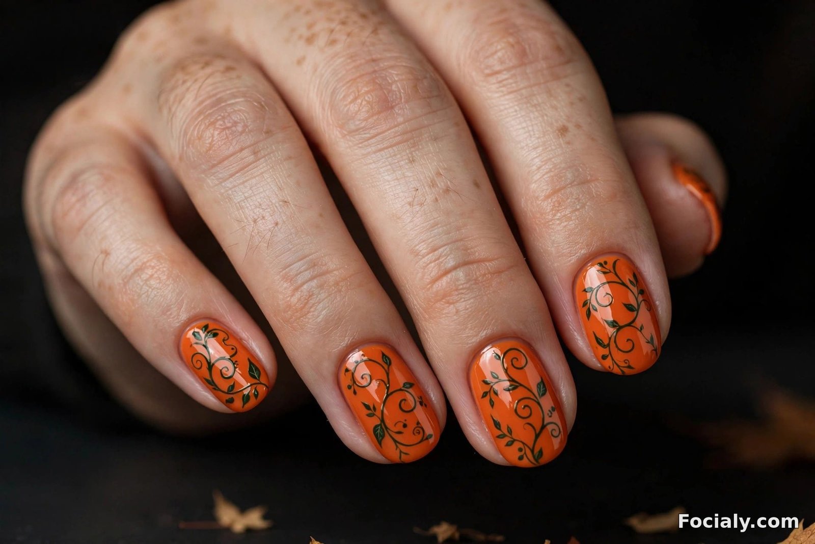Glossy pumpkin orange Halloween nails with green vine swirls