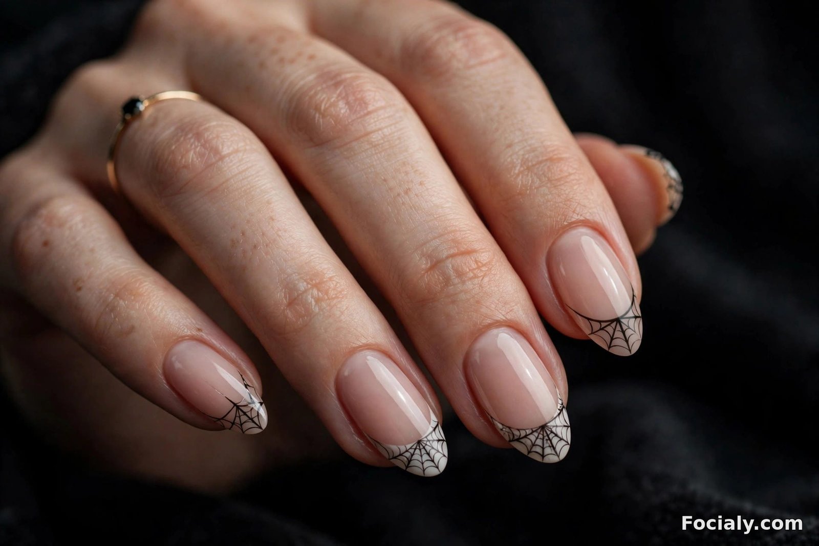 Nude French tip nails decorated with black spiderweb lines for Halloween