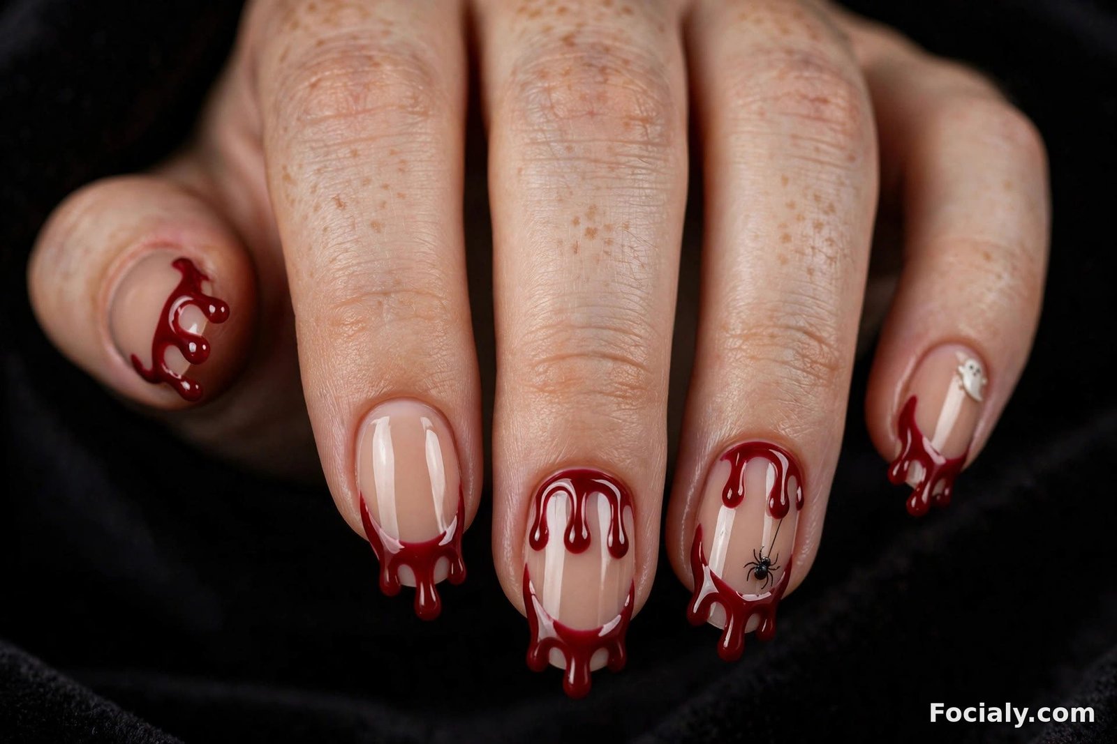 Glossy blood red drip tip Halloween nail art on nude nails