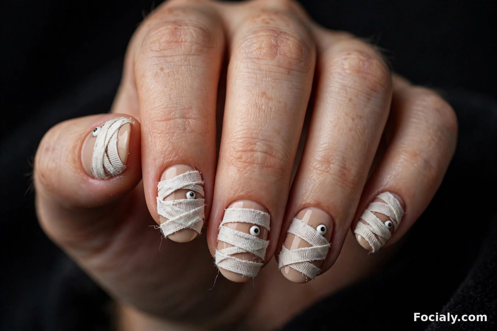 Mummy wrap Halloween nails with tiny cute eyes peeking through