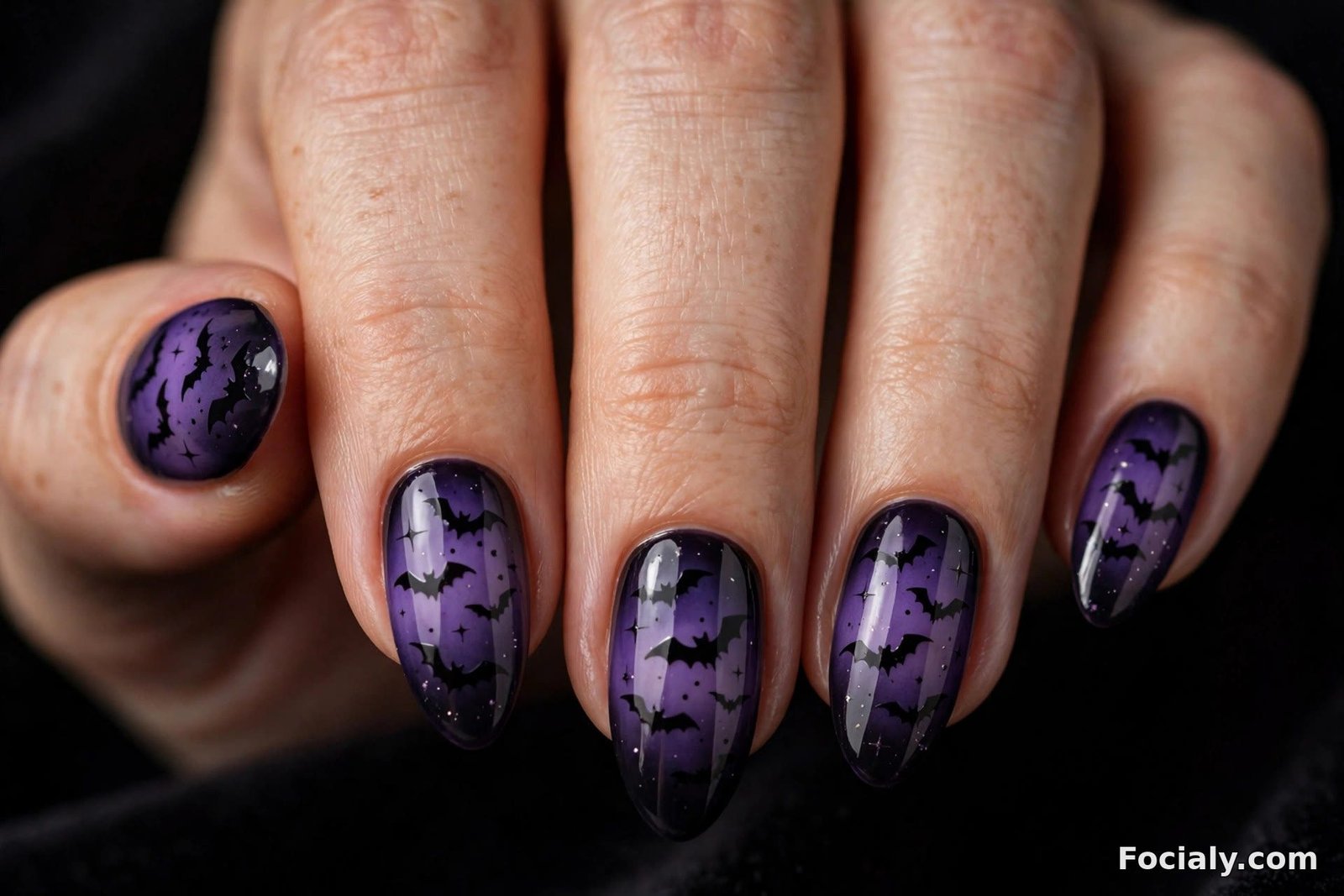 Purple to black gradient Halloween nails with bat silhouettes
