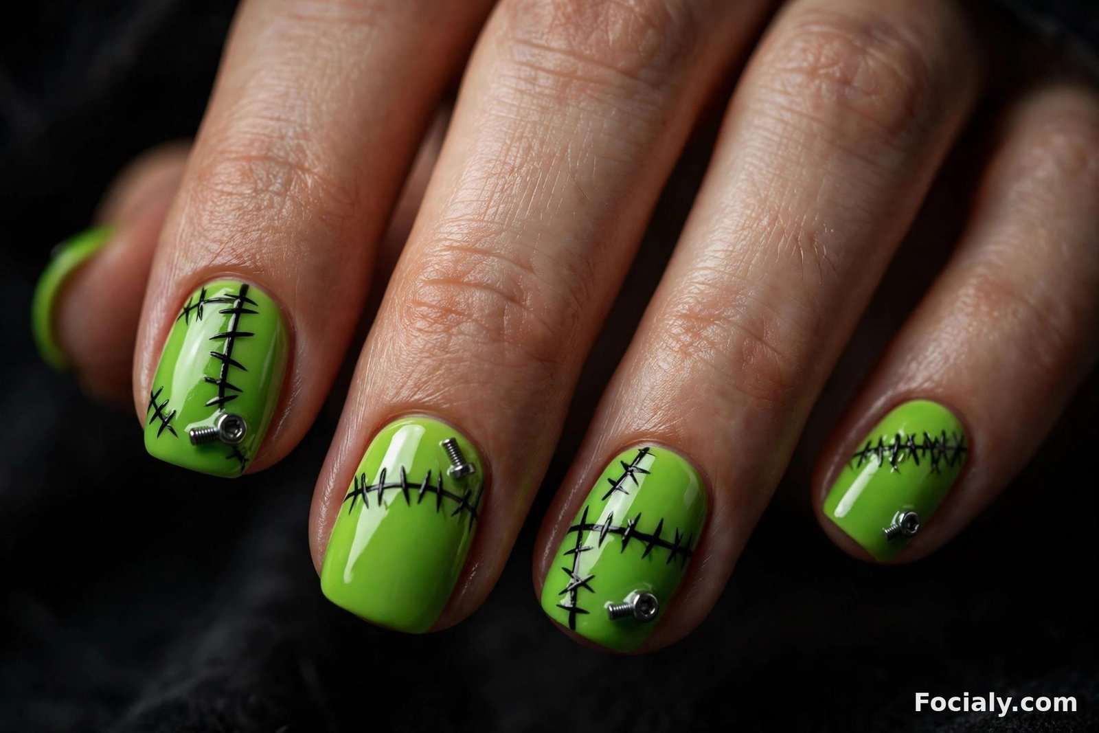 Lime green Frankenstein Halloween nails with stitches and bolts