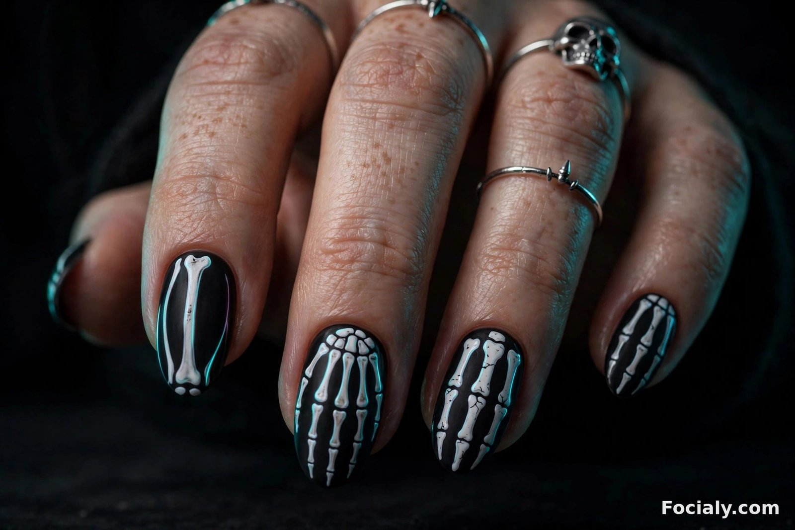 Black Halloween nails with glowing white skeleton bone art