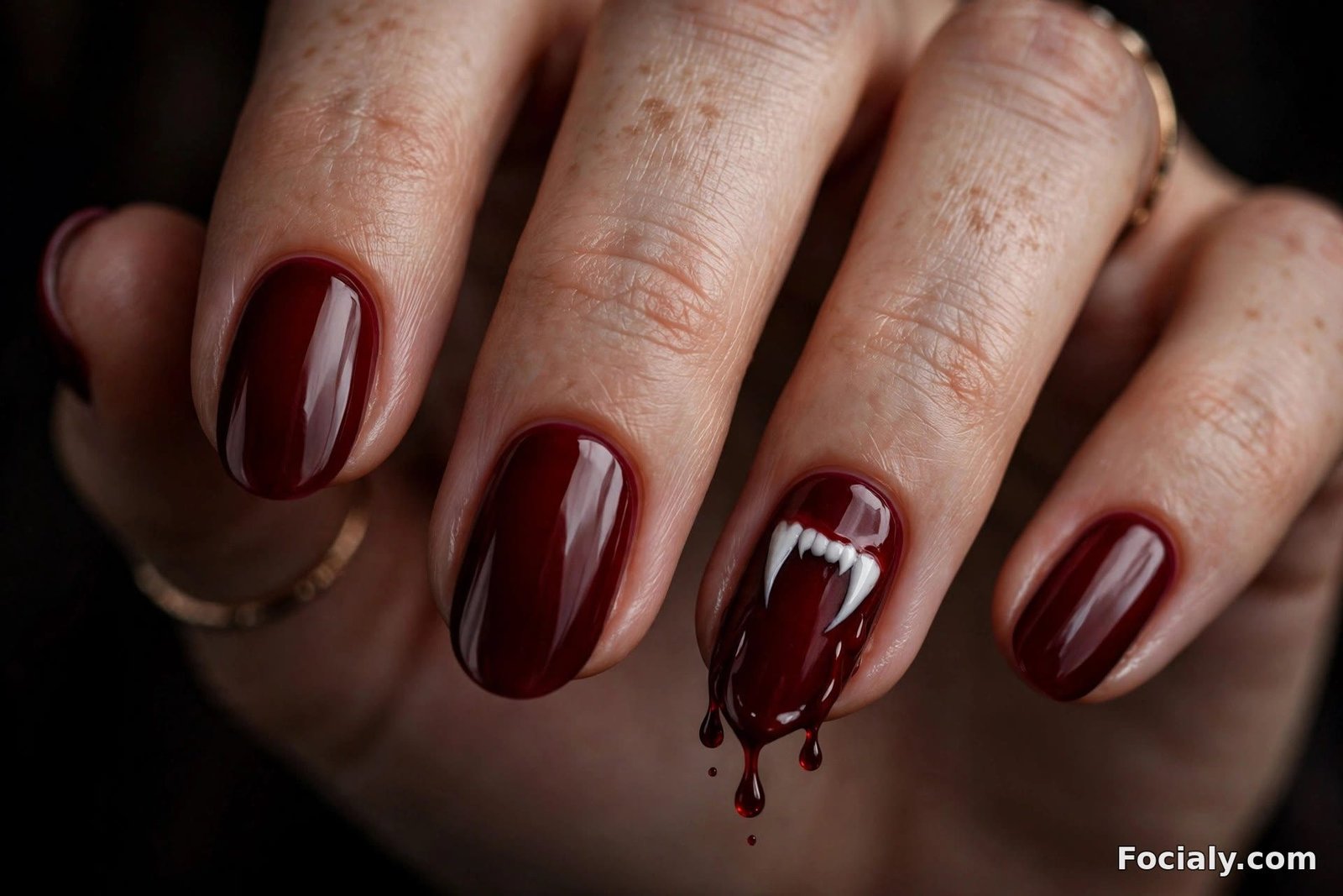 Oxblood red Halloween nails with vampire fang accent nail