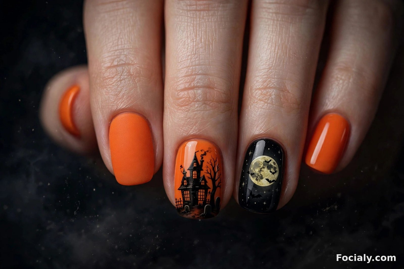 Haunted house silhouette and full moon Halloween nail art on orange nails