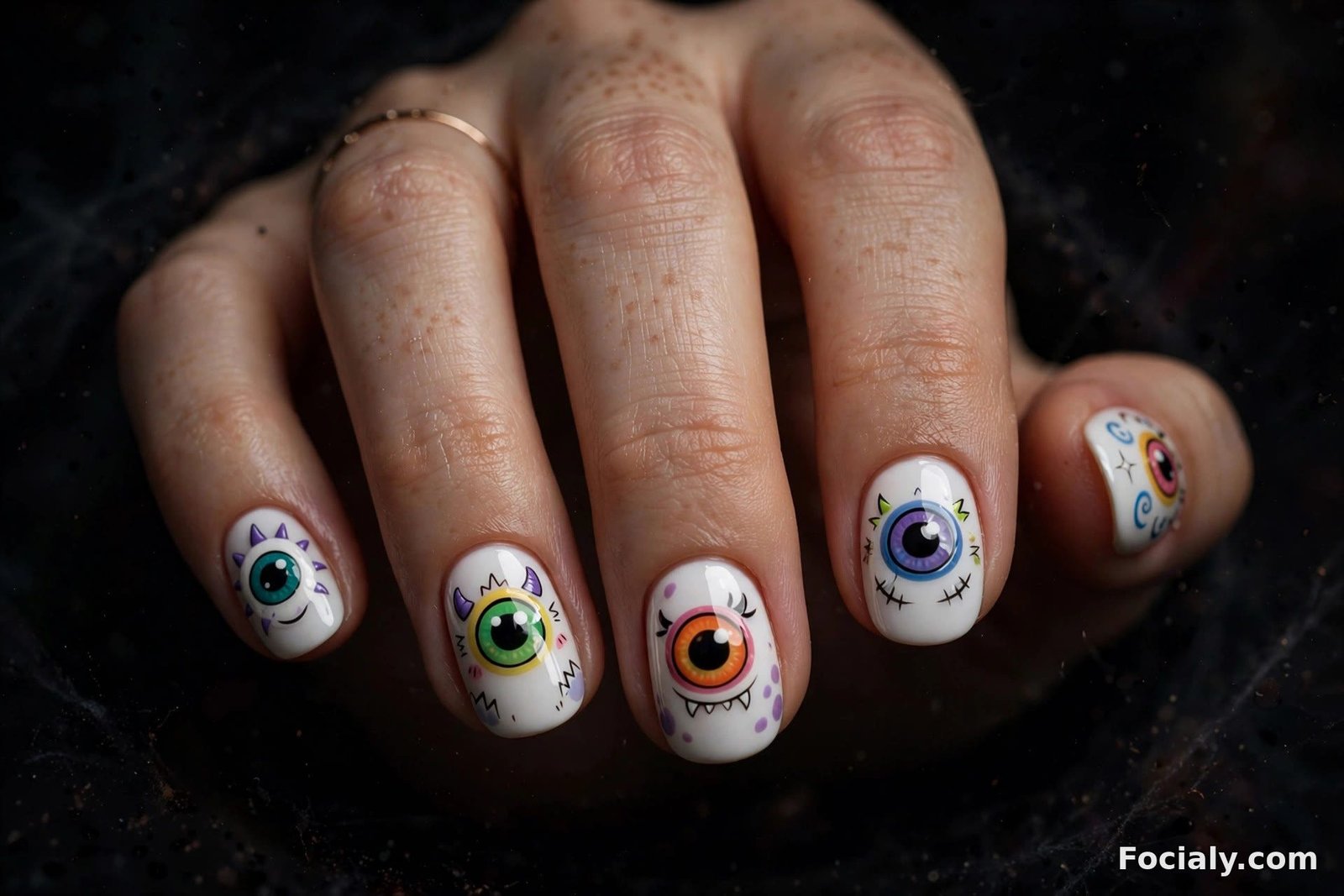 Cute cartoon monster eyeballs on white Halloween nails