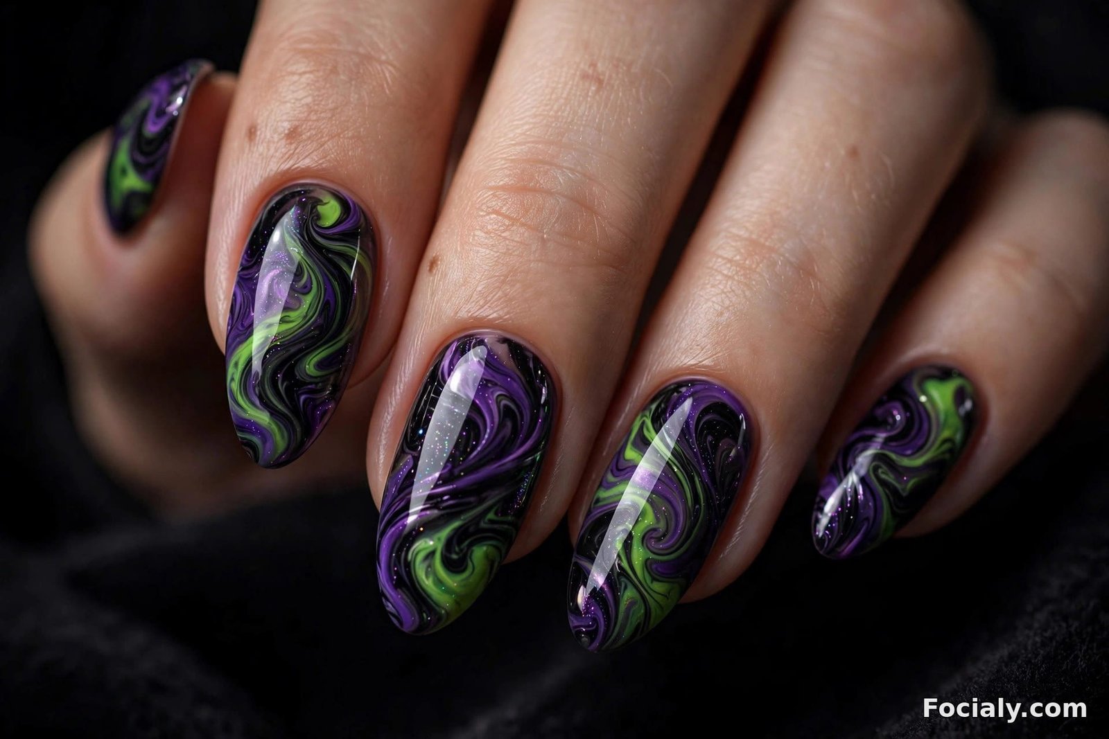 Marbled purple green and black witch potion Halloween nails