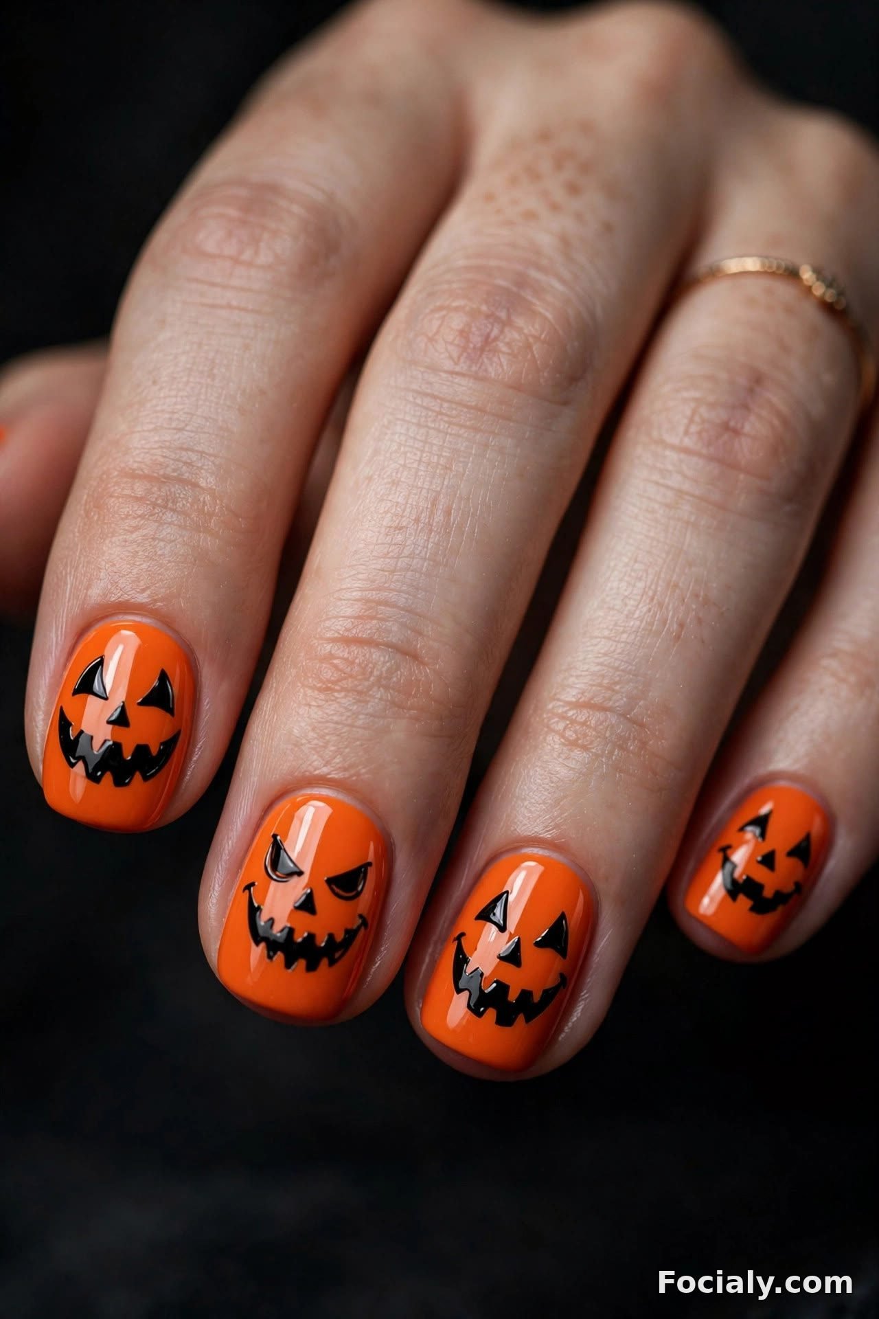 Jack-o-lantern grinning faces on bright orange Halloween nails