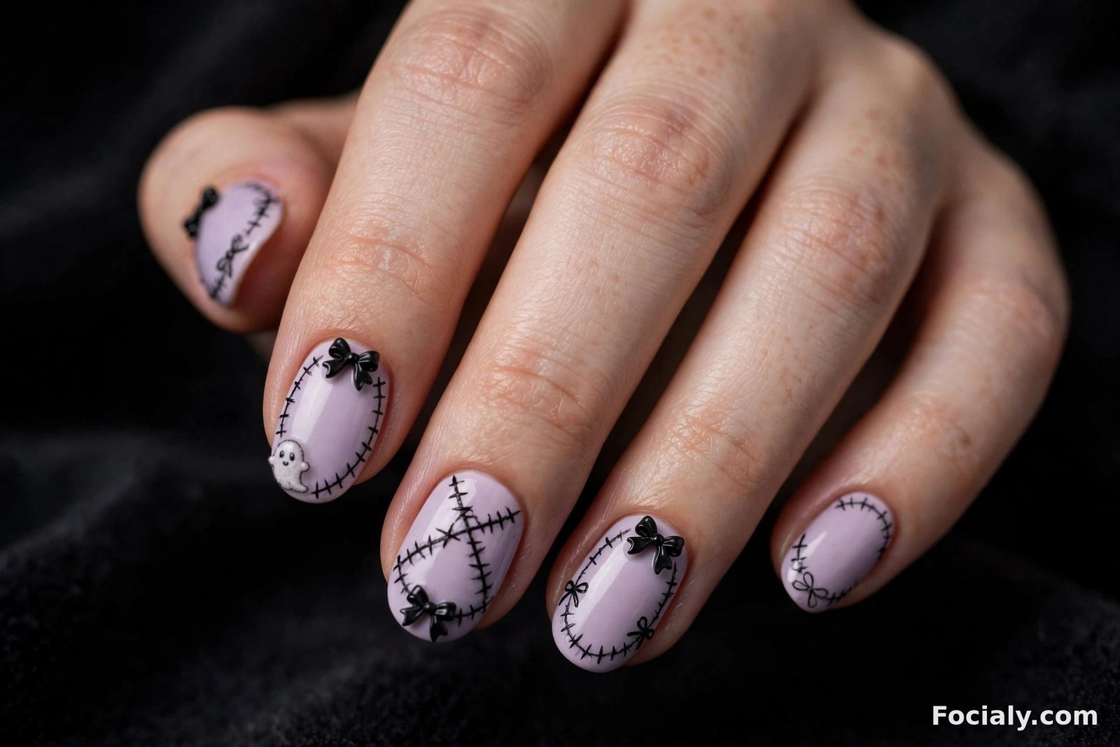 Pastel lavender Halloween nails with cute stitch lines and bows