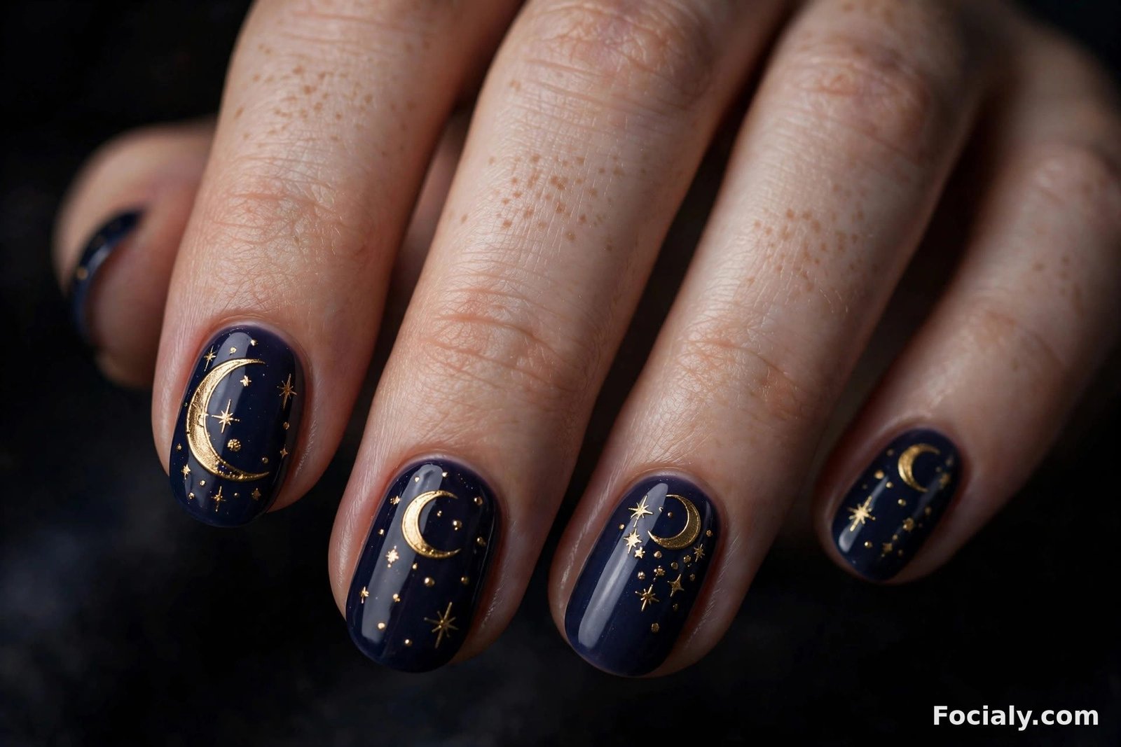 Midnight navy Halloween nails with gold moons and stars