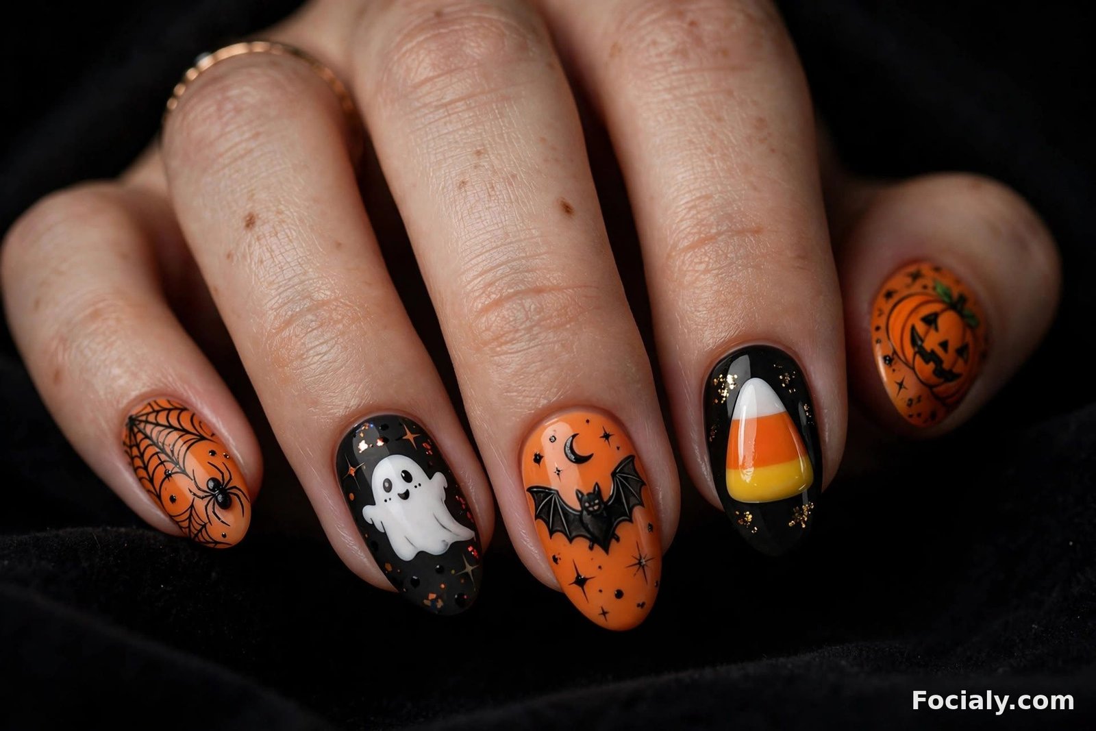 Mix and match Halloween nail art with ghost pumpkin bat and candy corn
