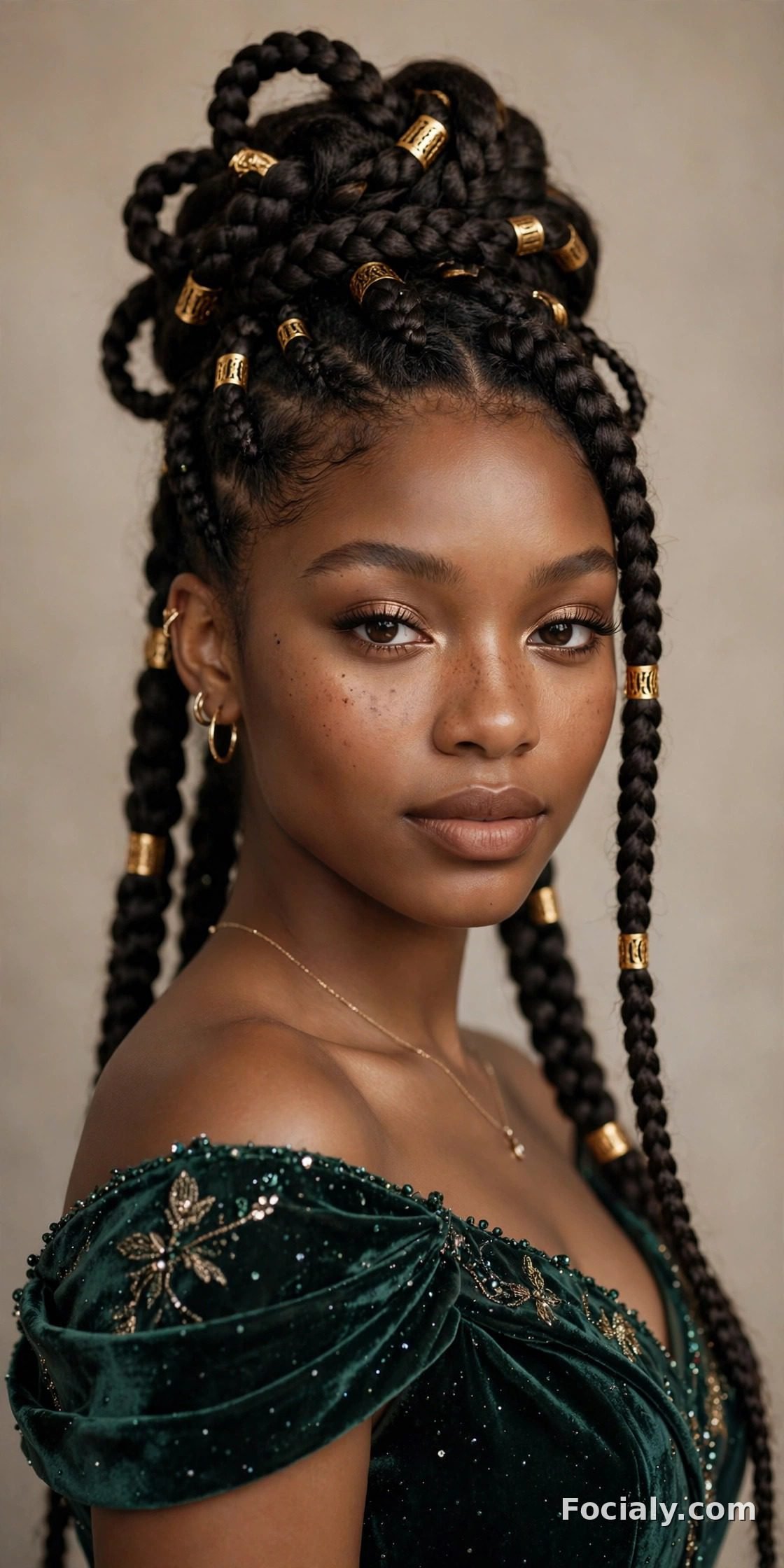Goddess braids swept into an updo with gold cuffs - hoco hairstyle for Black women