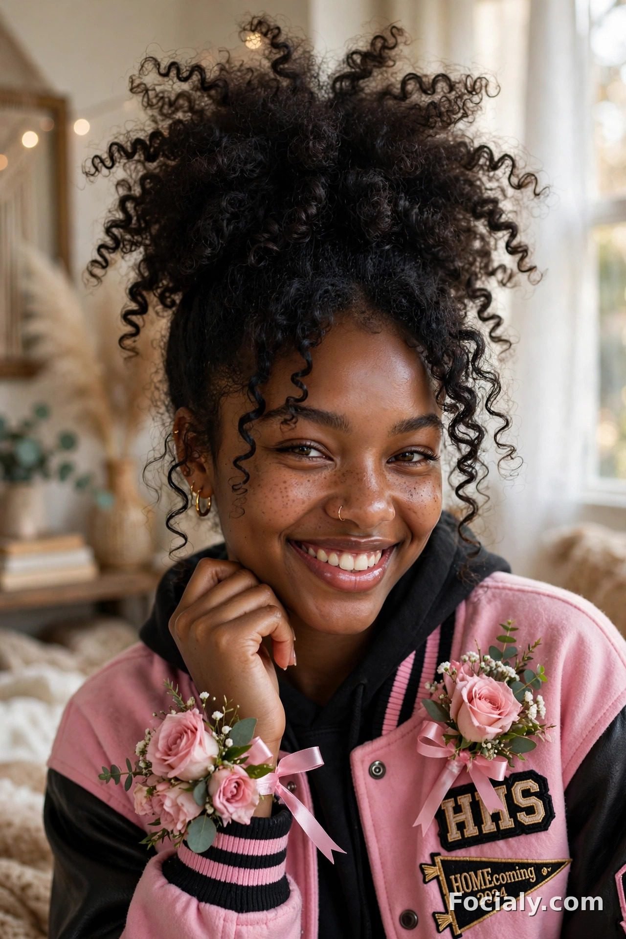 Curly pineapple updo with voluminous curls - hoco hairstyle for Black women