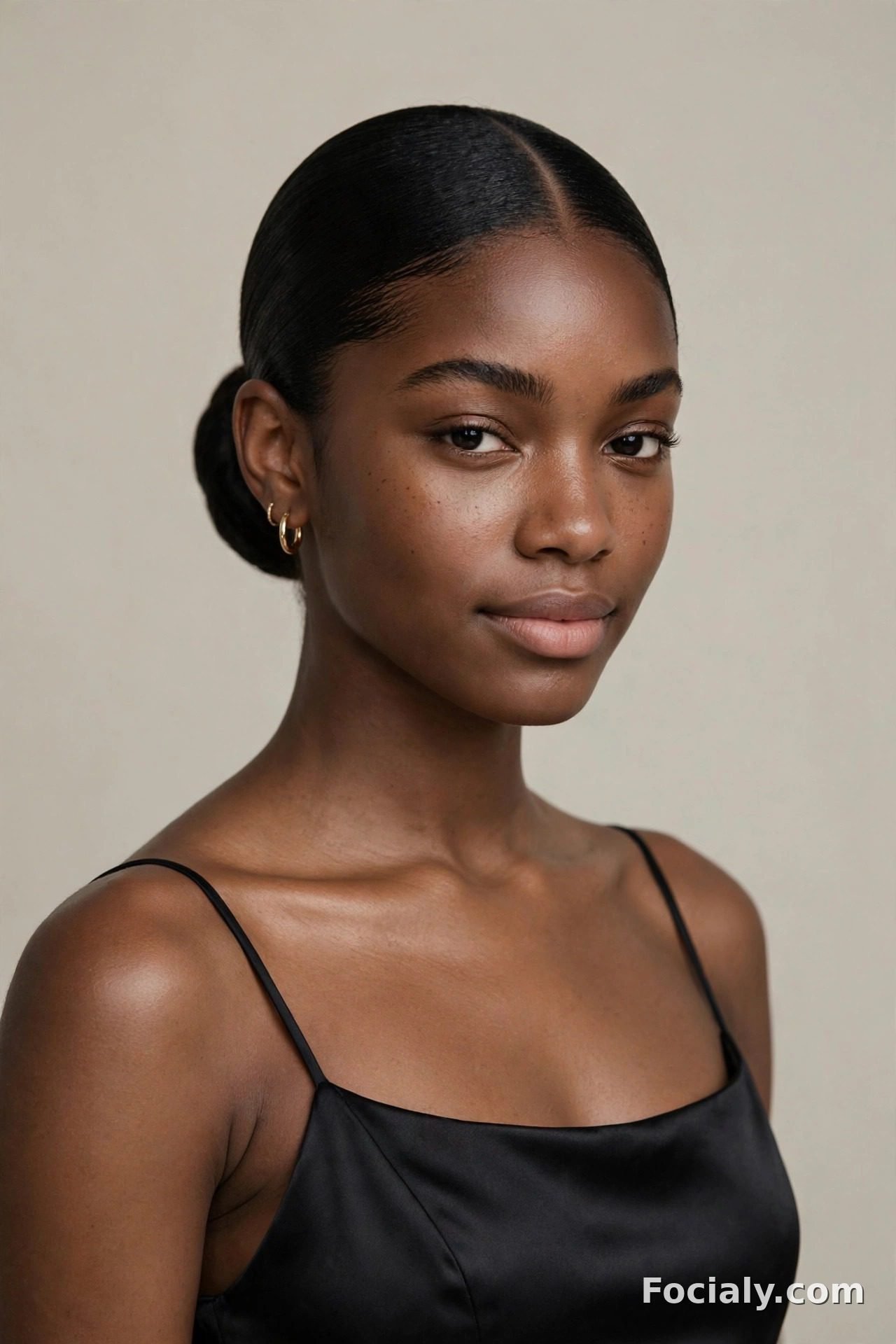 Low sleek bun with sharp middle part - hoco hairstyle for Black women