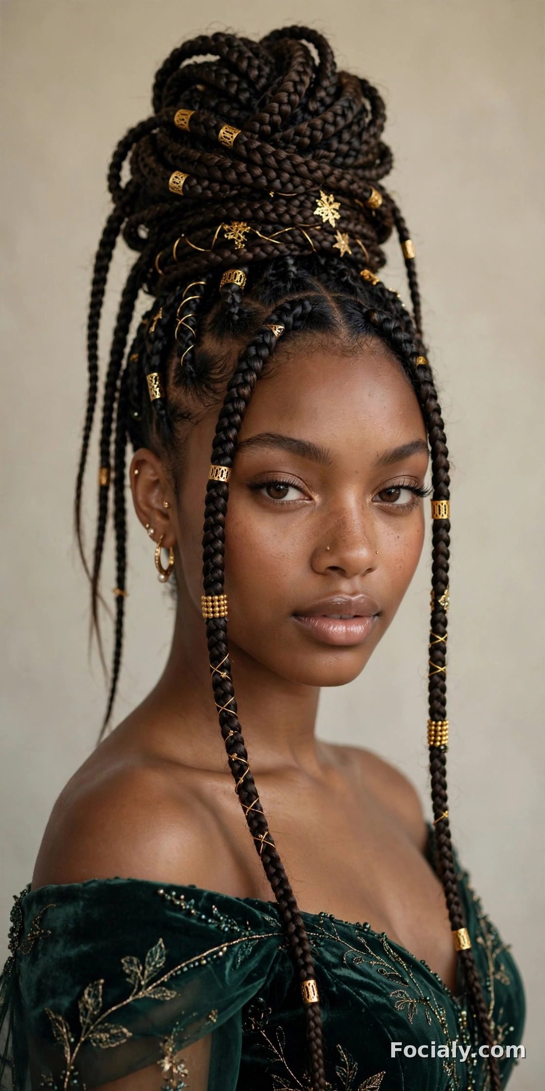 Box braids piled into a high bun - hoco hairstyle for Black women