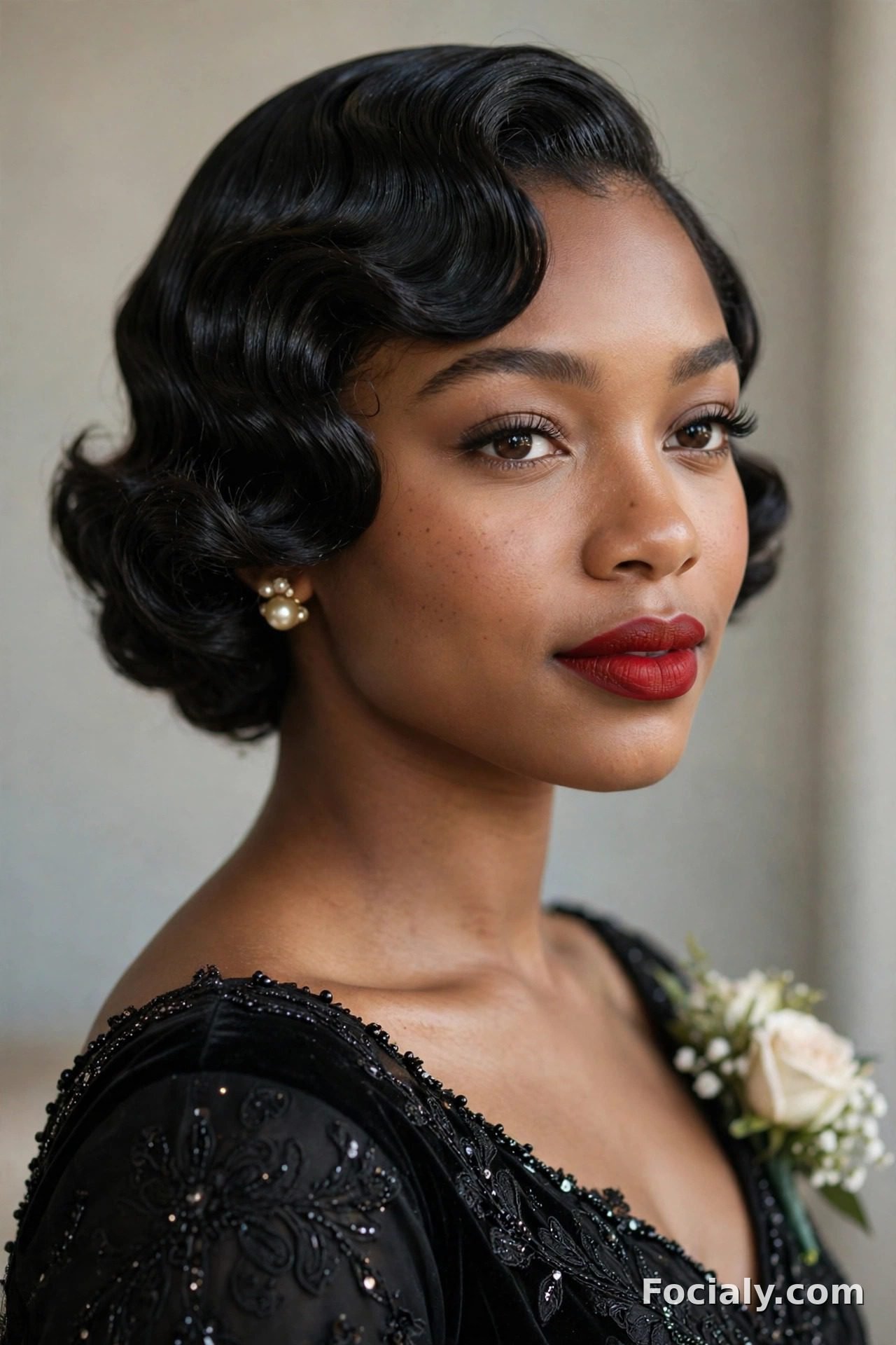 Vintage-inspired finger waves on short hair - hoco hairstyle for Black women