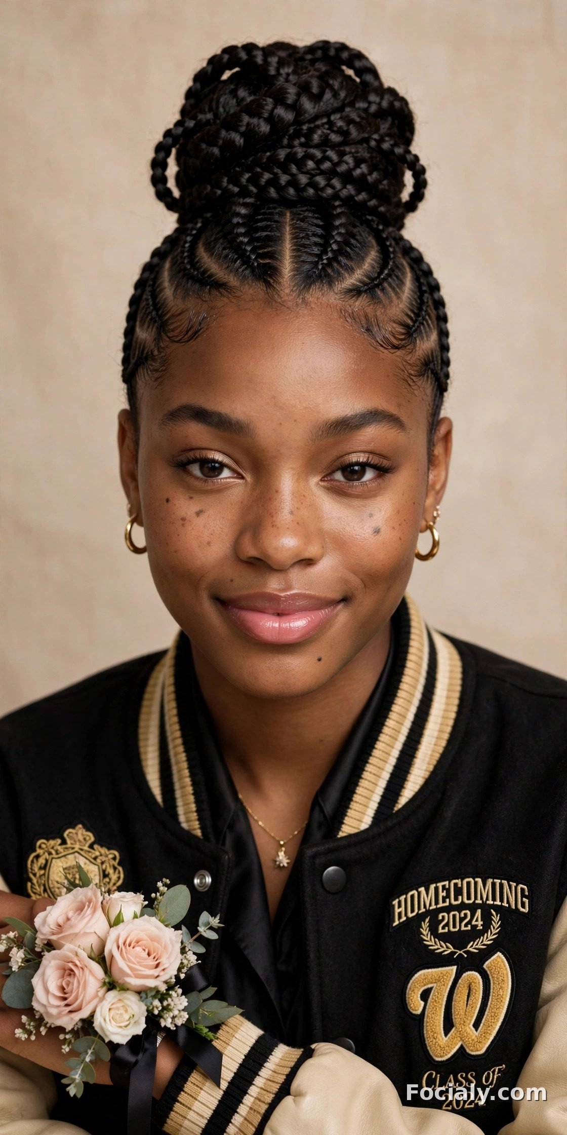 Braided top knot with cornrow detailing - hoco hairstyle for Black women
